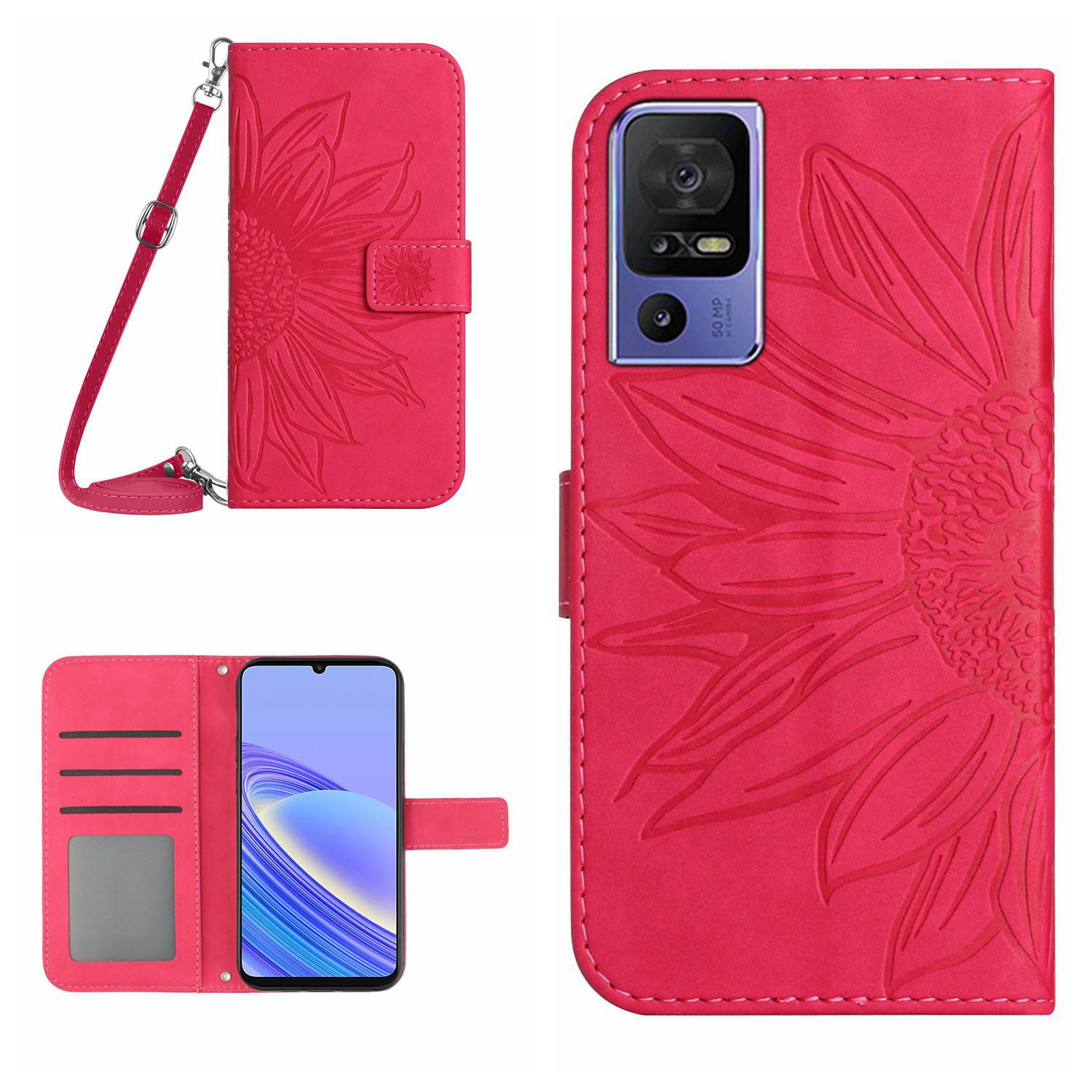 For TCL 40 SE HT04 PU Leather Cover Sunflower Imprinted Stand Wallet Phone Case with Shoulder Strap