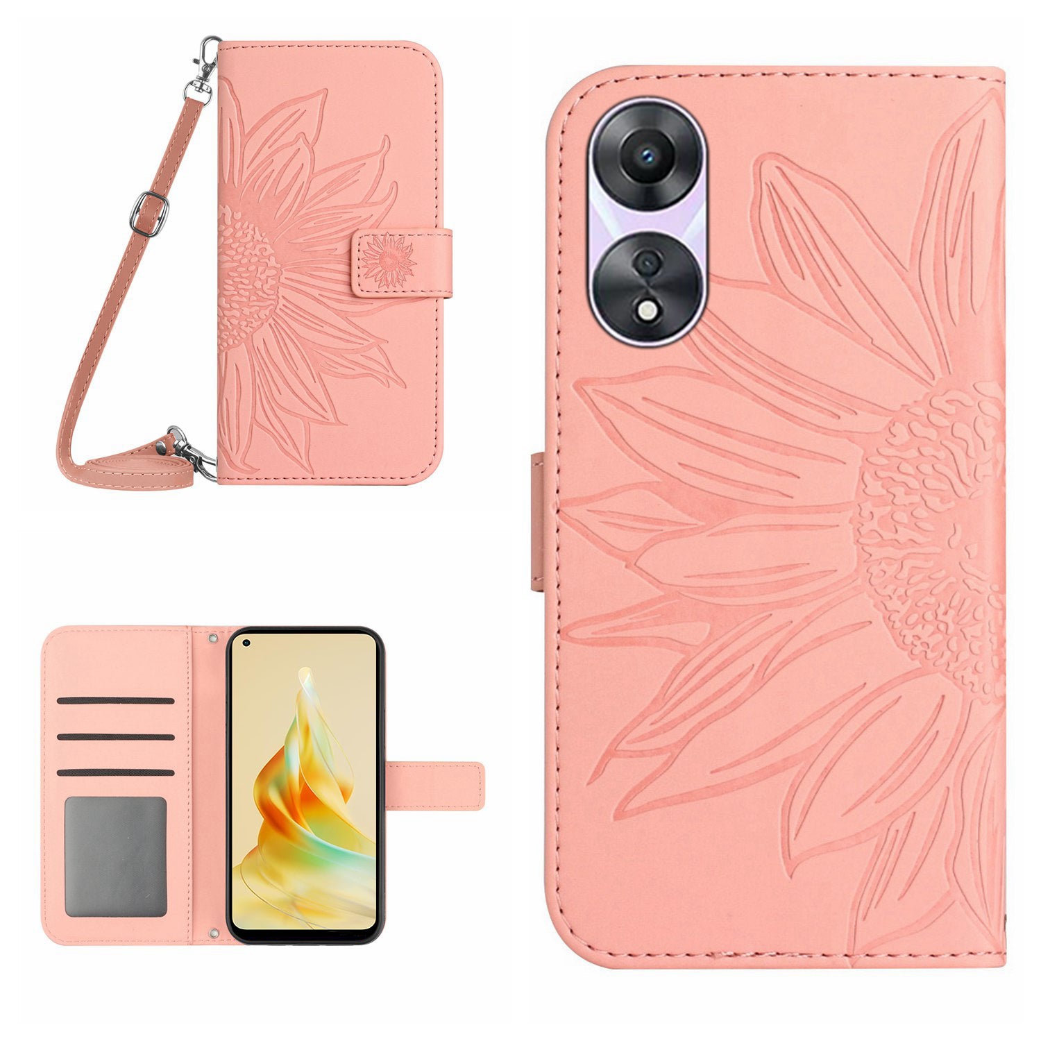HT04 Anti-fall Leather Cover for Oppo Reno8 T 4G Sunflower Imprinted Stand Wallet Phone Case with Shoulder Strap