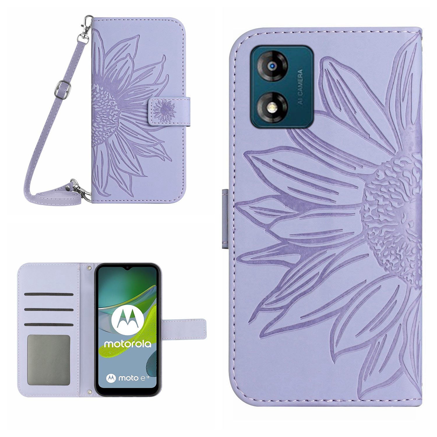 HT04 Flip Cover for Motorola Moto E13 4G Sunflower Imprinted Stand Wallet PU Leather Phone Case with Shoulder Strap