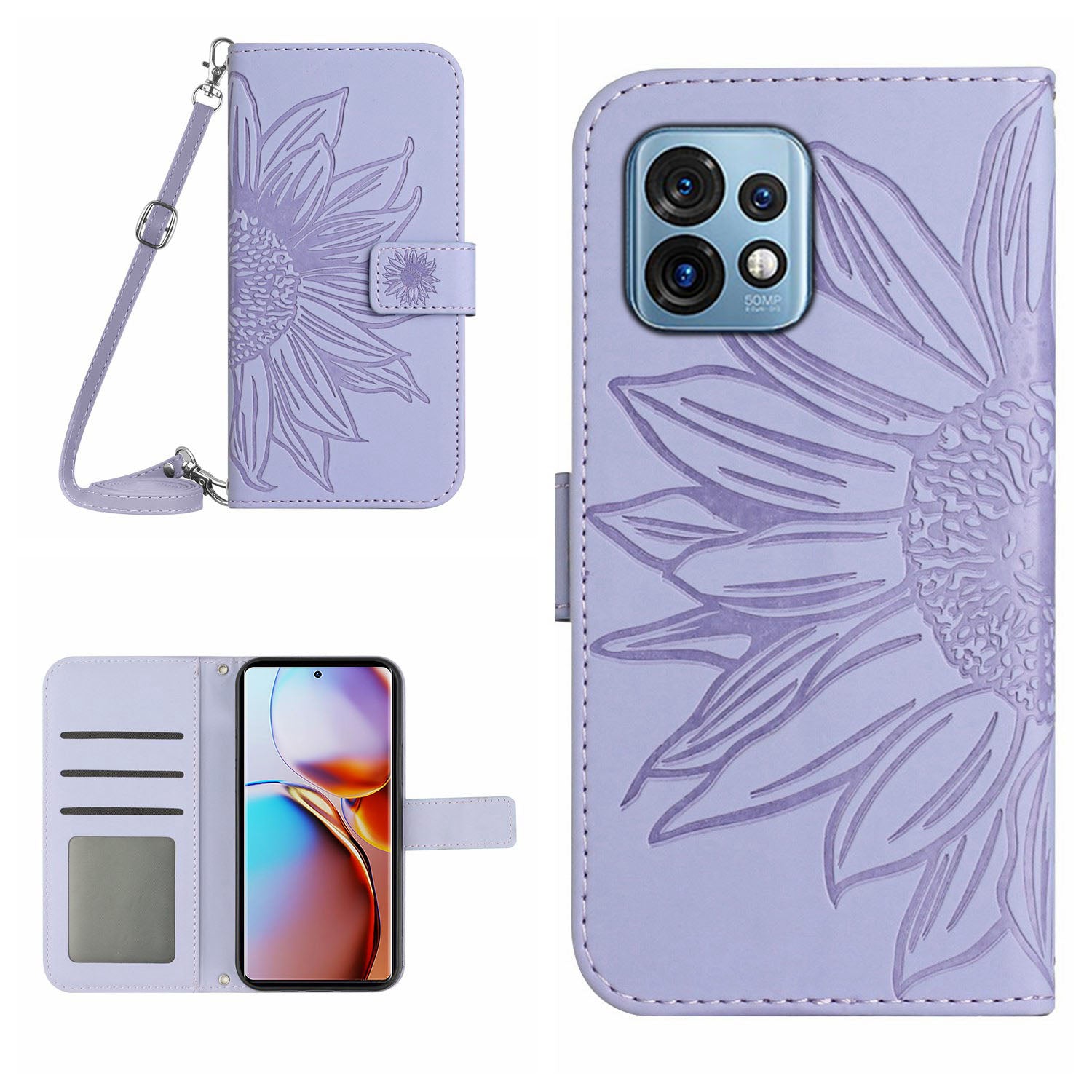 HT04 Flip Cover for Motorola Edge (2023) Edge 40 Pro 5G Moto X40 5G Drop Proof Sunflower Imprinted Stand Wallet PU Leather Case with Shoulder Strap