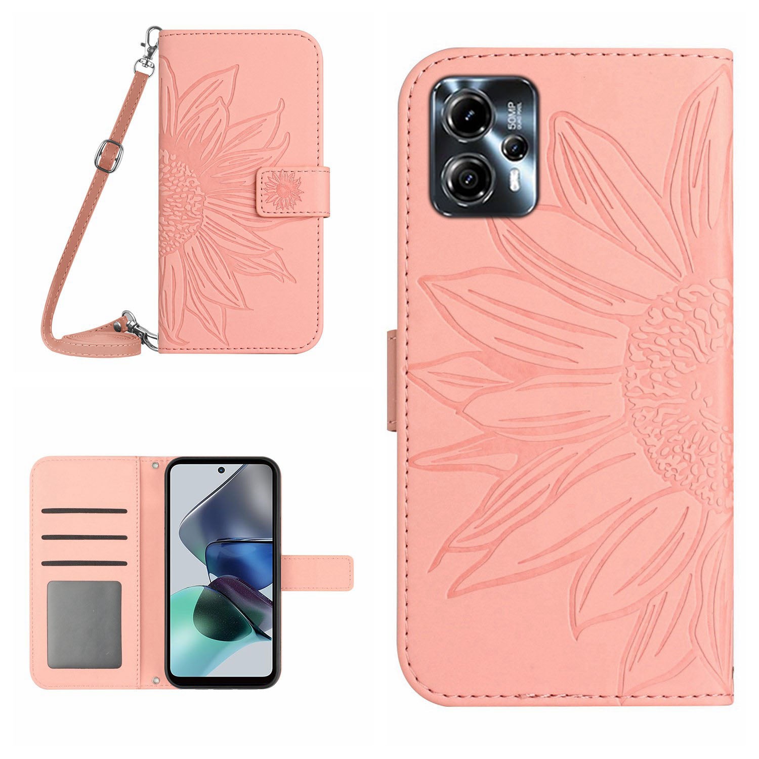 HT04 Flip Cover for Motorola Moto G23 4G G13 4G Shockproof Sunflower Imprinted Stand Wallet PU Leather Case with Shoulder Strap