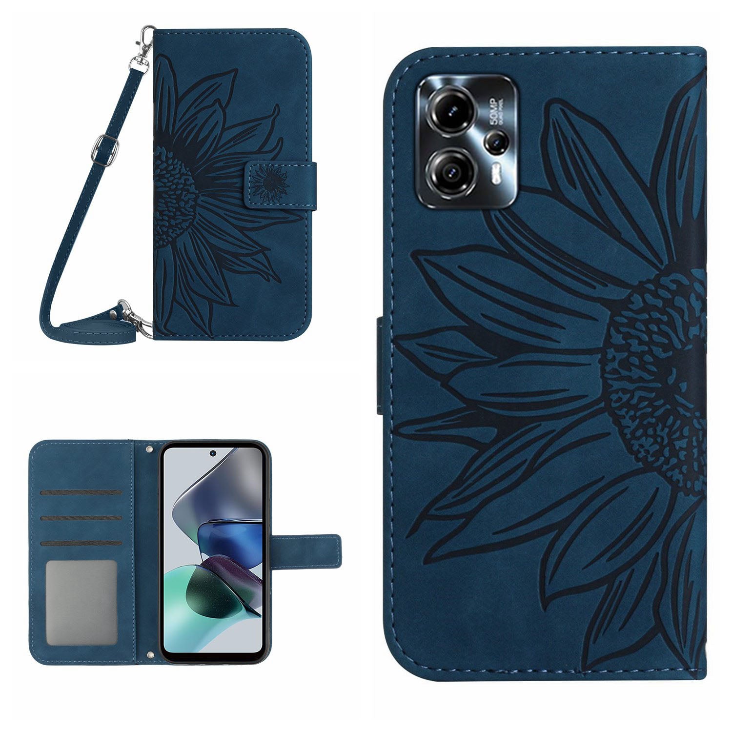 HT04 Flip Cover for Motorola Moto G23 4G G13 4G Shockproof Sunflower Imprinted Stand Wallet PU Leather Case with Shoulder Strap