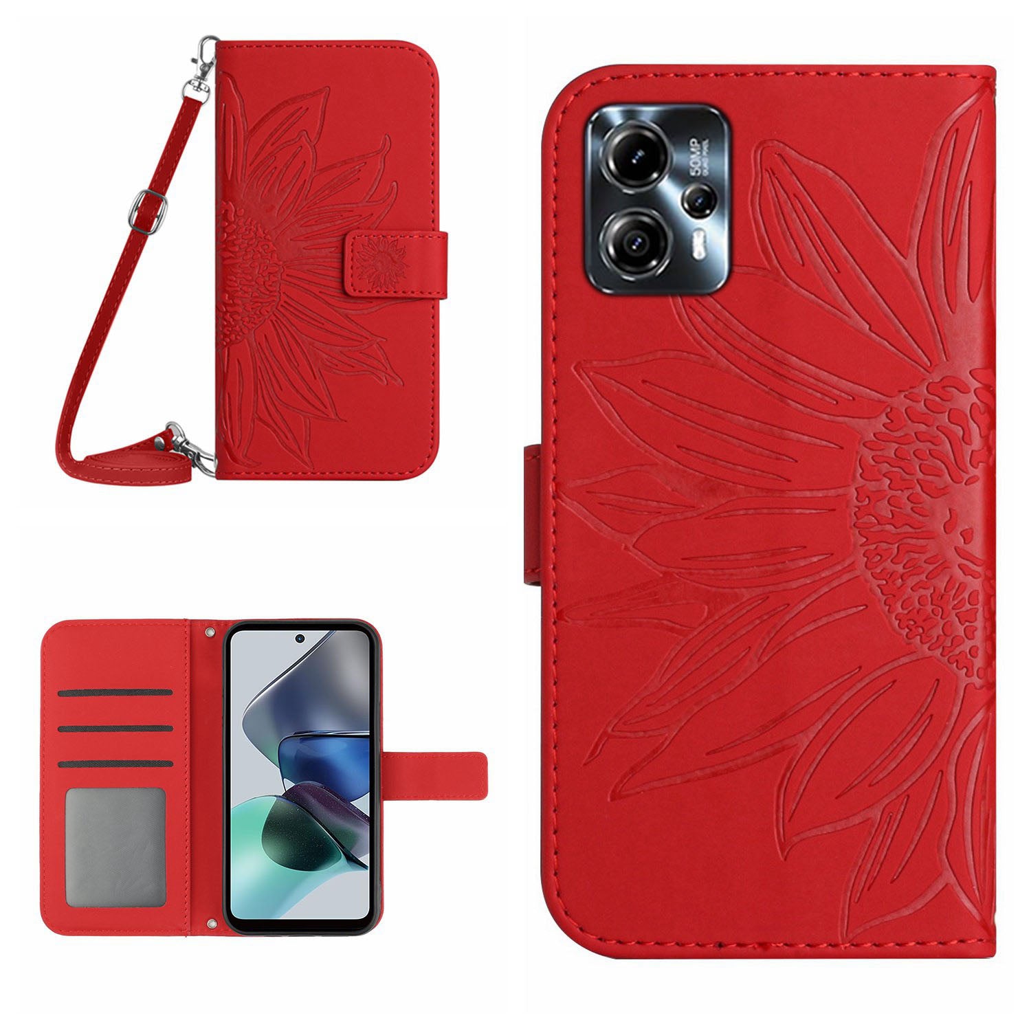 HT04 Flip Cover for Motorola Moto G23 4G G13 4G Shockproof Sunflower Imprinted Stand Wallet PU Leather Case with Shoulder Strap