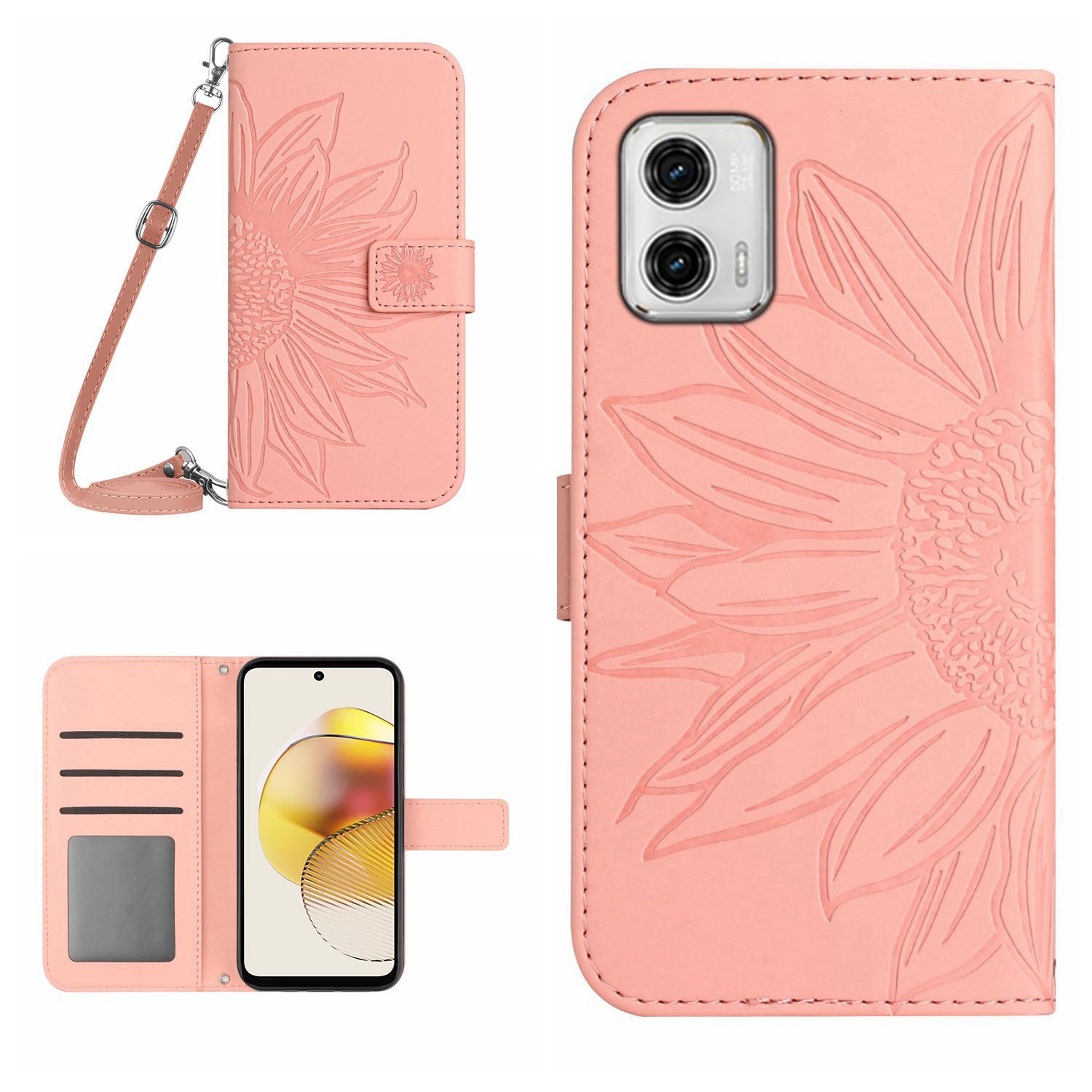 HT04 Flip Cover for Motorola Moto G73 5G Bump Proof Sunflower Imprinted Stand Wallet PU Leather Case with Shoulder Strap