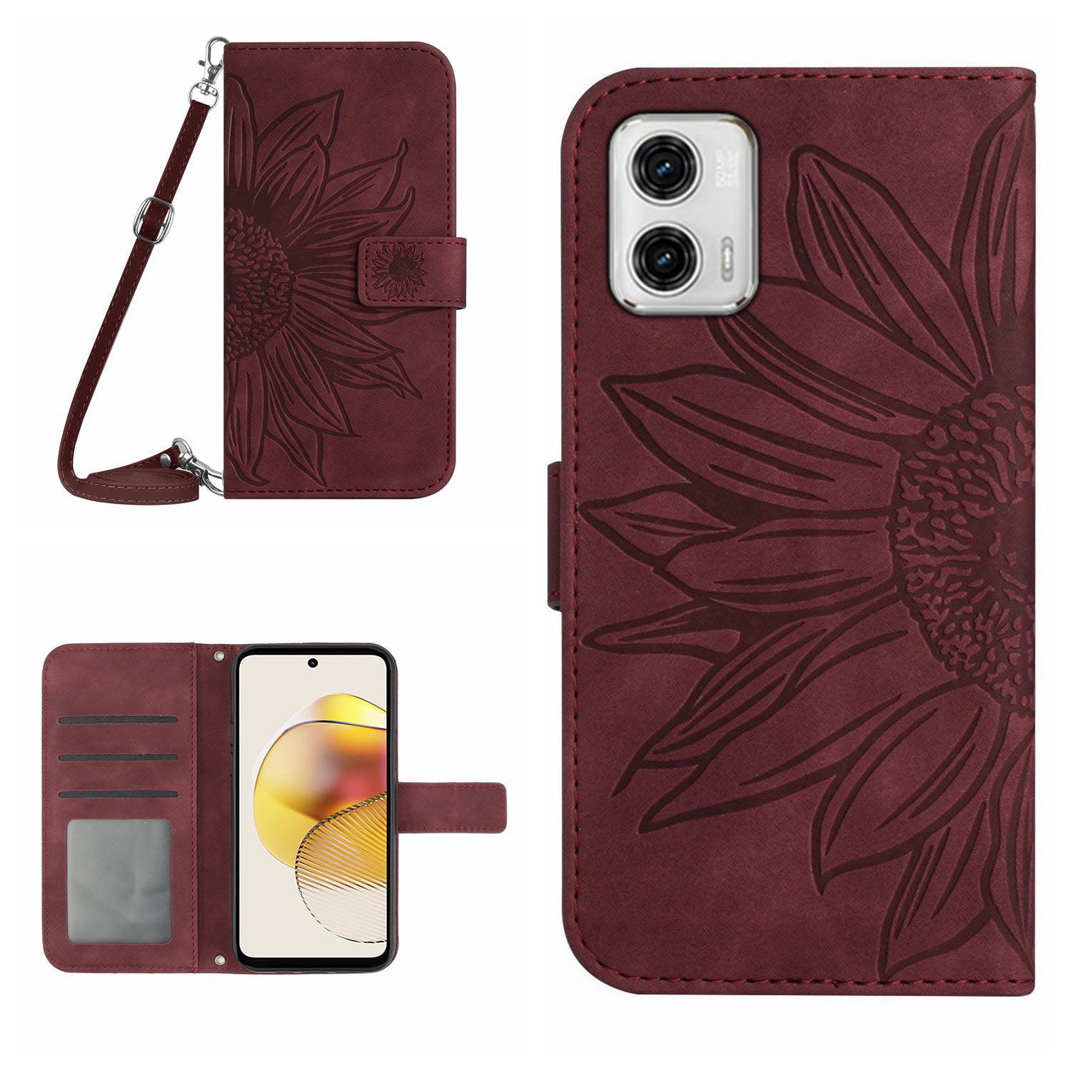 HT04 Flip Cover for Motorola Moto G73 5G Bump Proof Sunflower Imprinted Stand Wallet PU Leather Case with Shoulder Strap