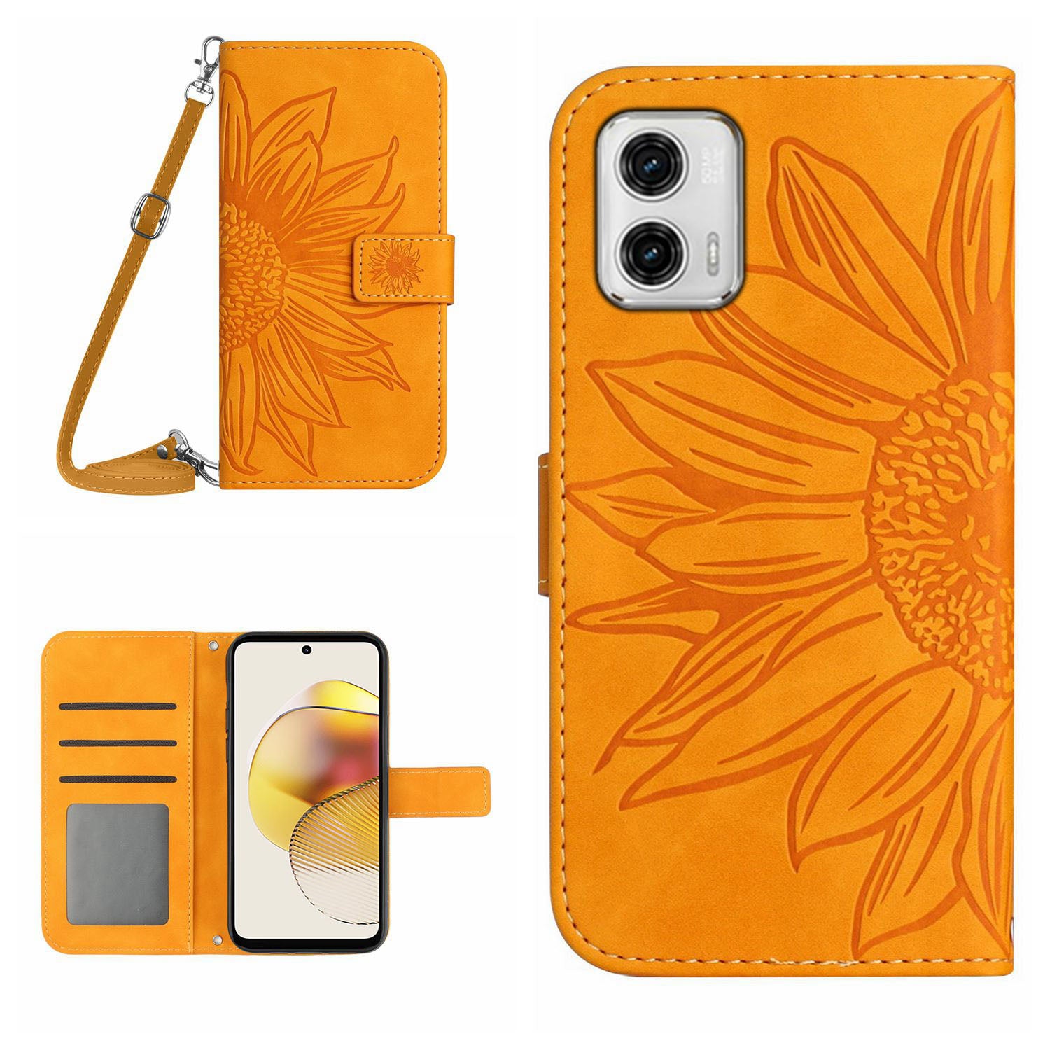 HT04 Flip Cover for Motorola Moto G73 5G Bump Proof Sunflower Imprinted Stand Wallet PU Leather Case with Shoulder Strap