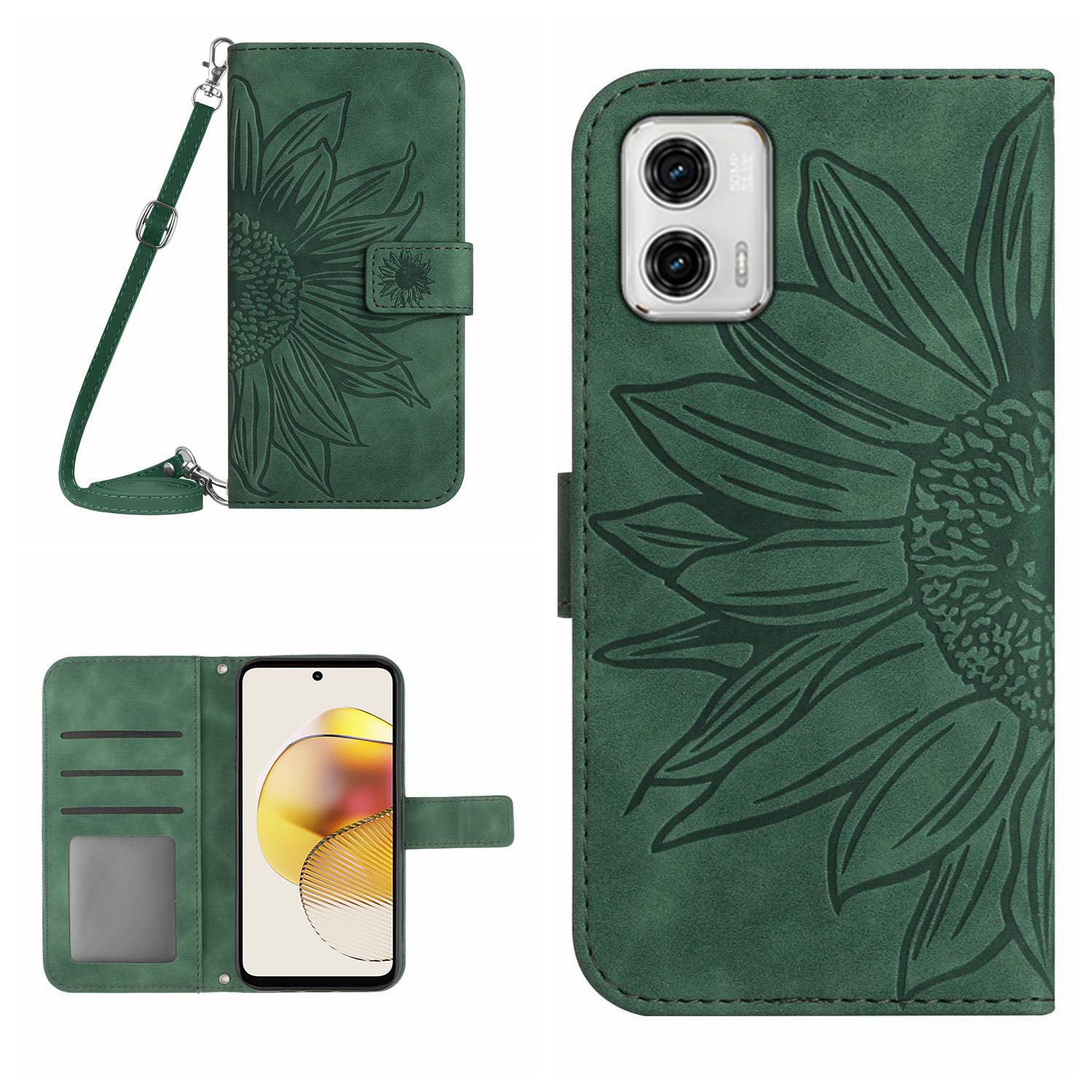 HT04 Flip Cover for Motorola Moto G73 5G Bump Proof Sunflower Imprinted Stand Wallet PU Leather Case with Shoulder Strap