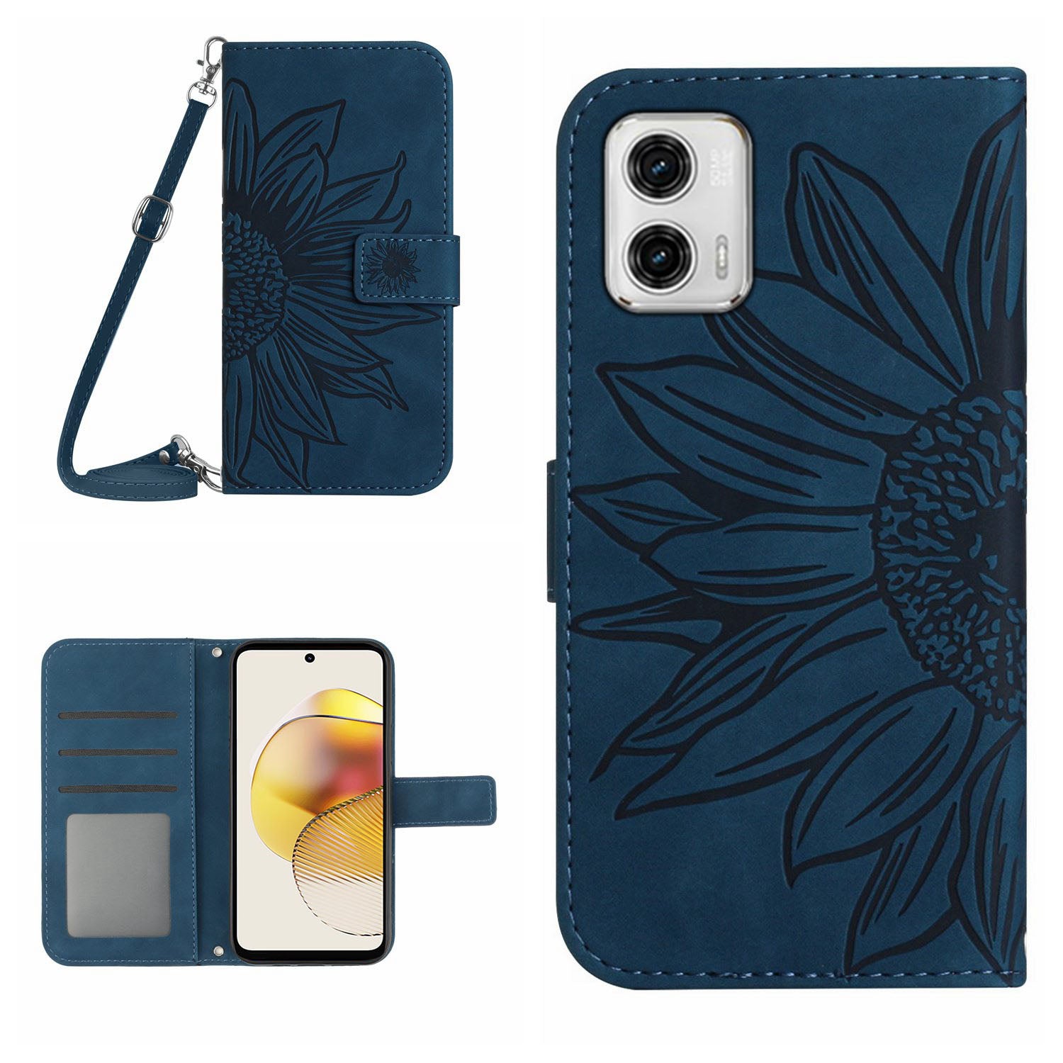 HT04 Flip Cover for Motorola Moto G73 5G Bump Proof Sunflower Imprinted Stand Wallet PU Leather Case with Shoulder Strap