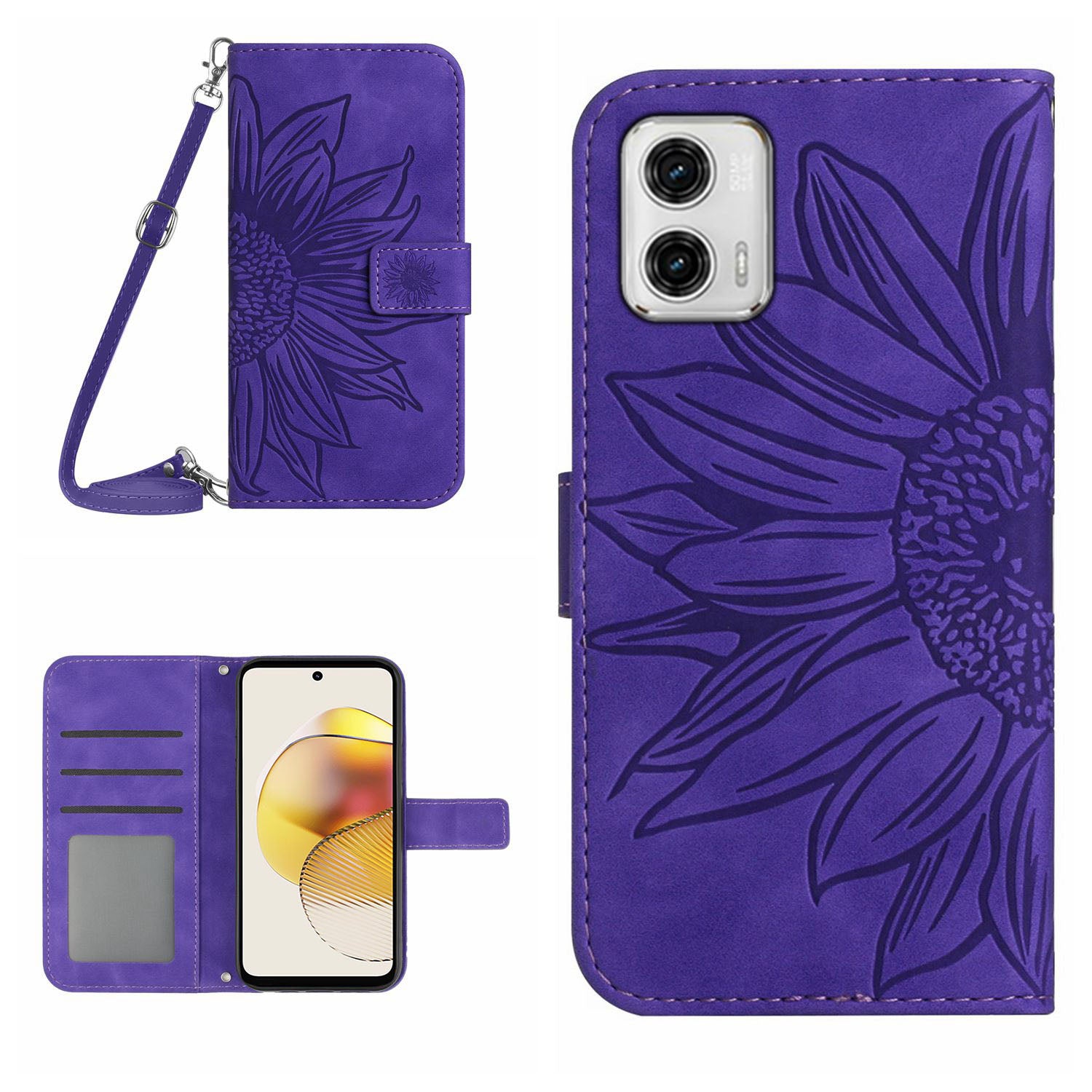 HT04 Flip Cover for Motorola Moto G73 5G Bump Proof Sunflower Imprinted Stand Wallet PU Leather Case with Shoulder Strap