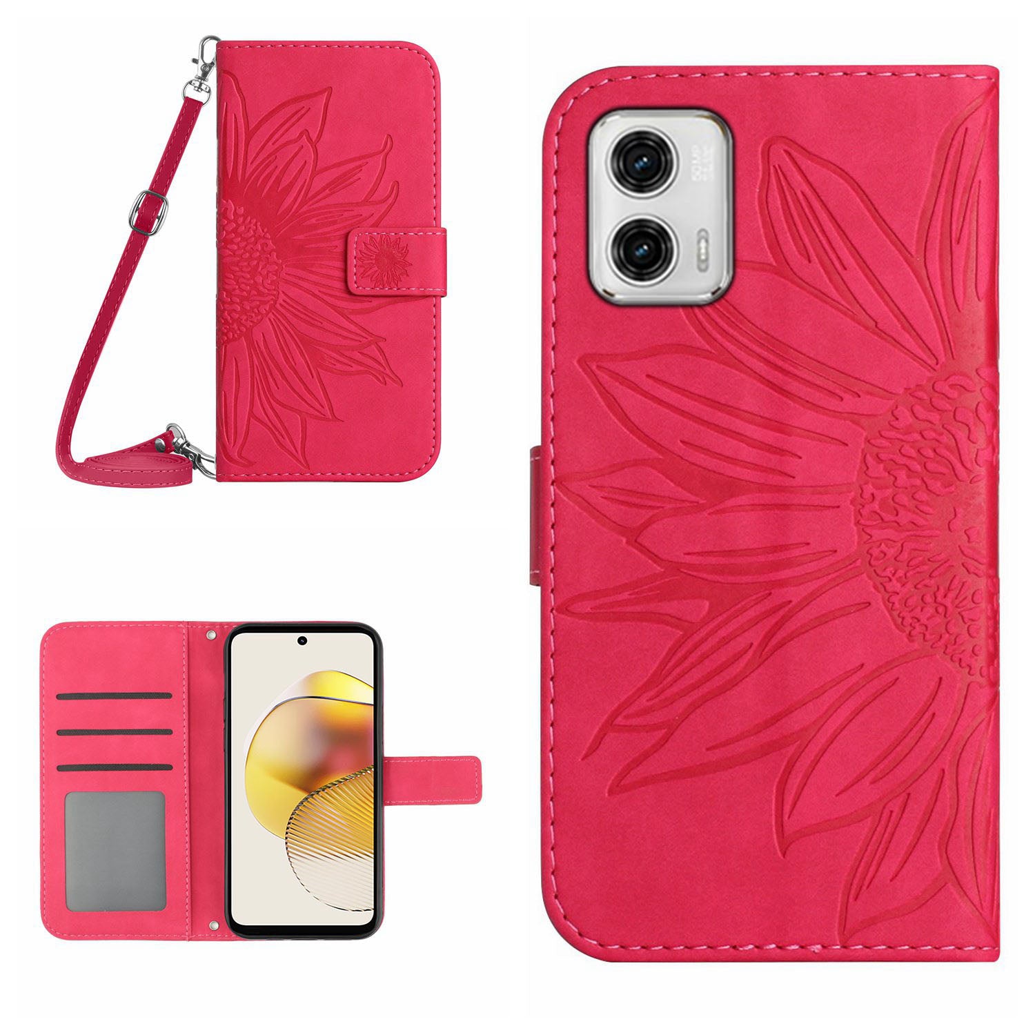HT04 Flip Cover for Motorola Moto G73 5G Bump Proof Sunflower Imprinted Stand Wallet PU Leather Case with Shoulder Strap