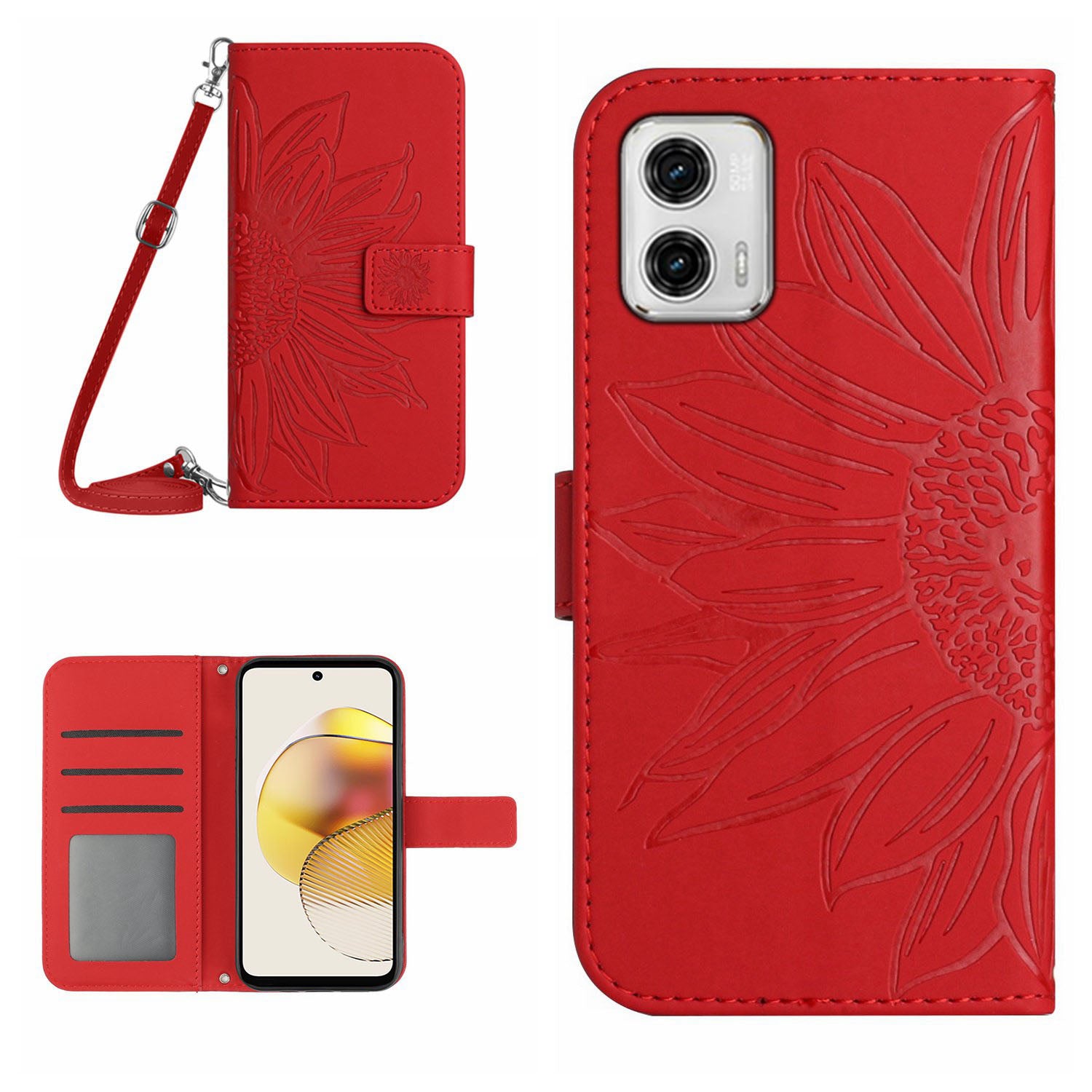 HT04 Flip Cover for Motorola Moto G73 5G Bump Proof Sunflower Imprinted Stand Wallet PU Leather Case with Shoulder Strap