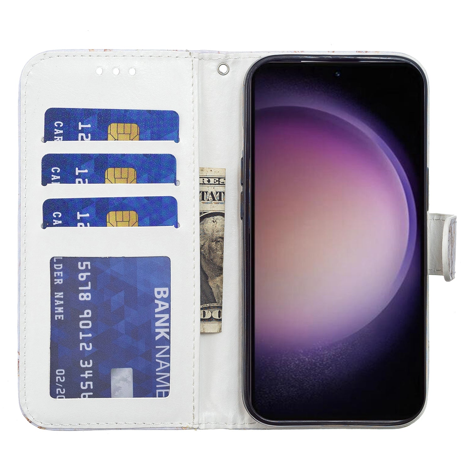 For Samsung Galaxy S23 Anti-fall PU Leather Cover Pattern Printing Wallet Stand Protective Phone Case with Strap
