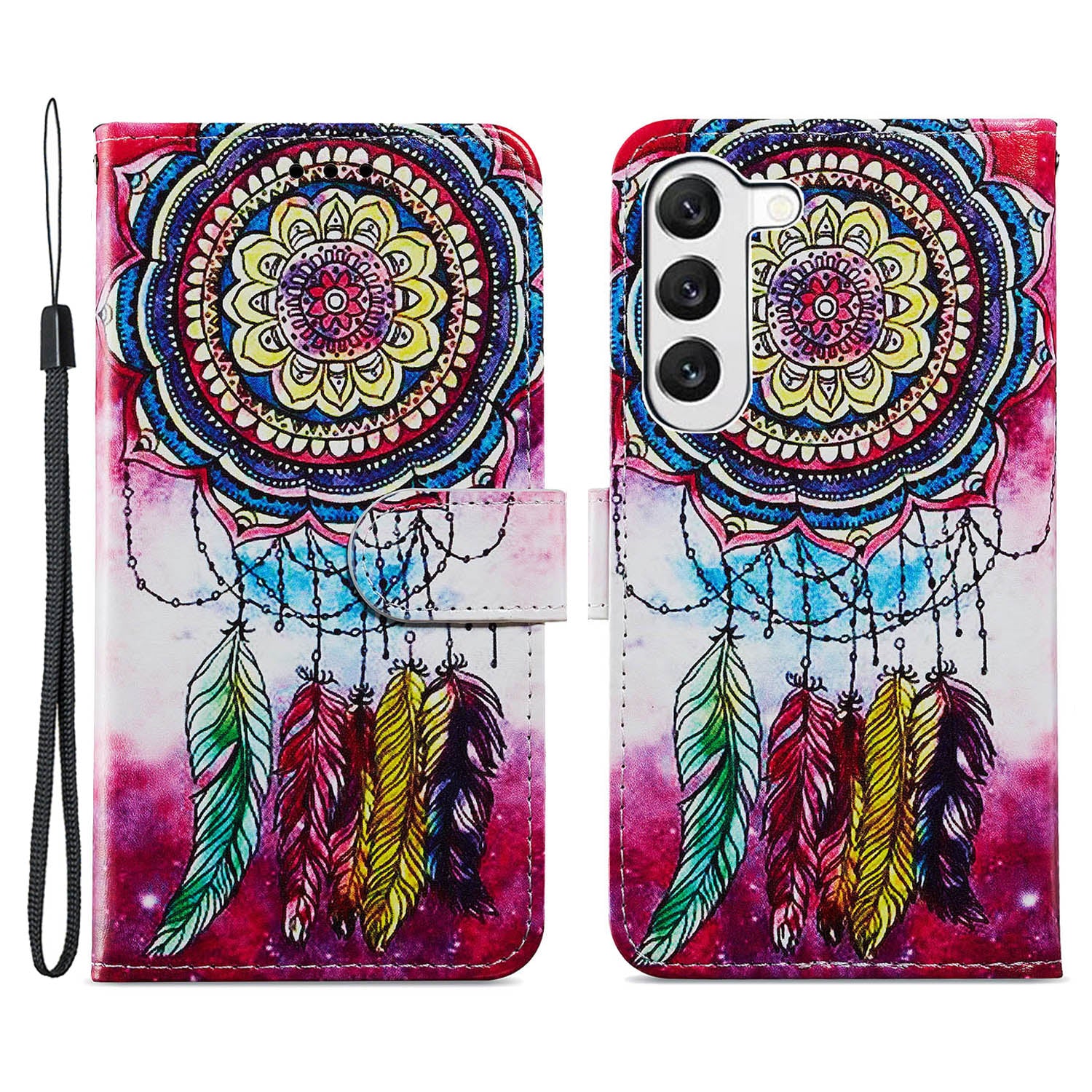 For Samsung Galaxy S23 Anti-fall PU Leather Cover Pattern Printing Wallet Stand Protective Phone Case with Strap