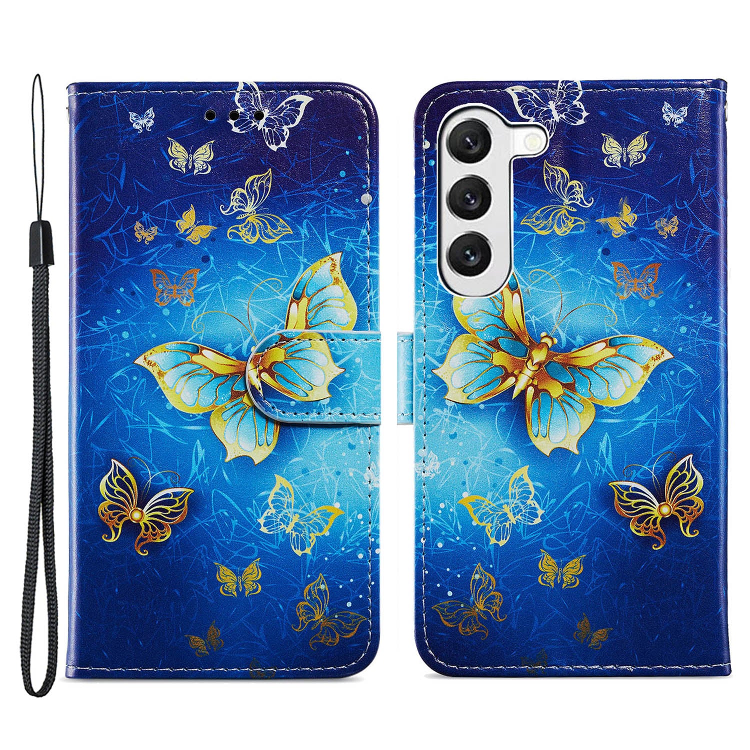 For Samsung Galaxy S23 Anti-fall PU Leather Cover Pattern Printing Wallet Stand Protective Phone Case with Strap