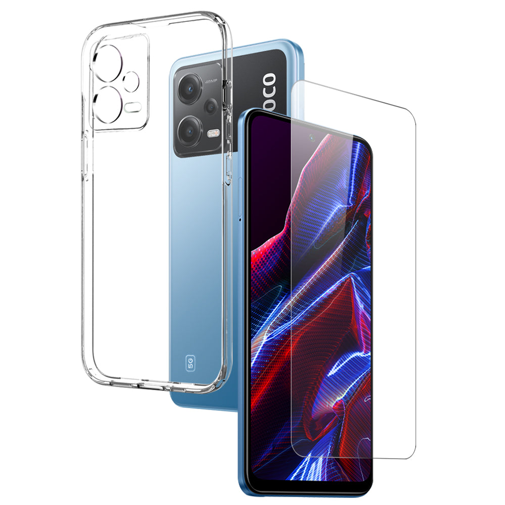 NORTHJO For Xiaomi Redmi Note 12 5G (India)/Poco X5 5G 2-in-1 Protective TPU Phone Case Tempered Glass Screen Protector - Transparent