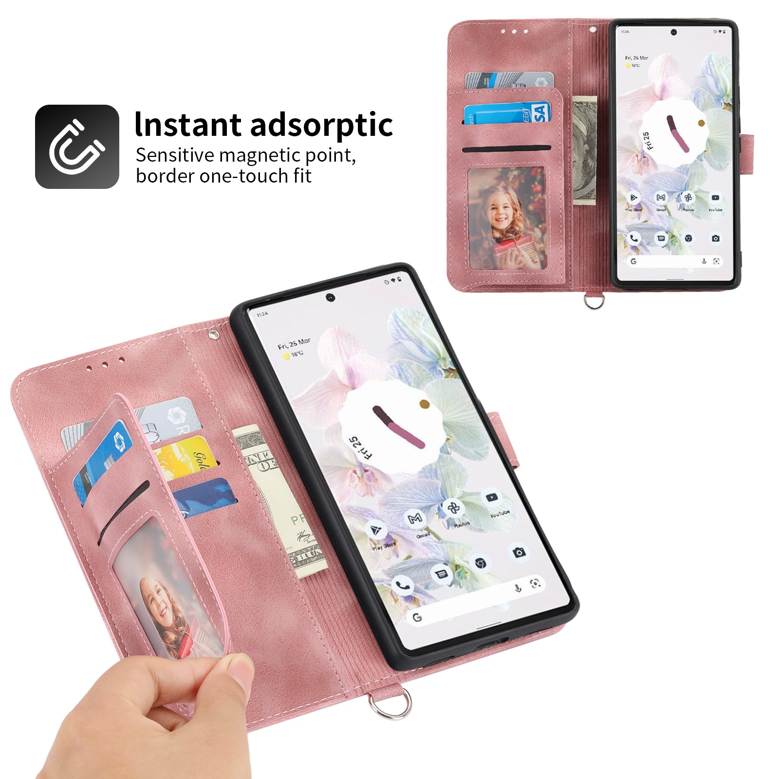 Phone Wallet Case for Google Pixel 7a Skin-touch Imprinted Flowers Leather Stand Phone Cover with Wrist Strap and Shoulder Strap