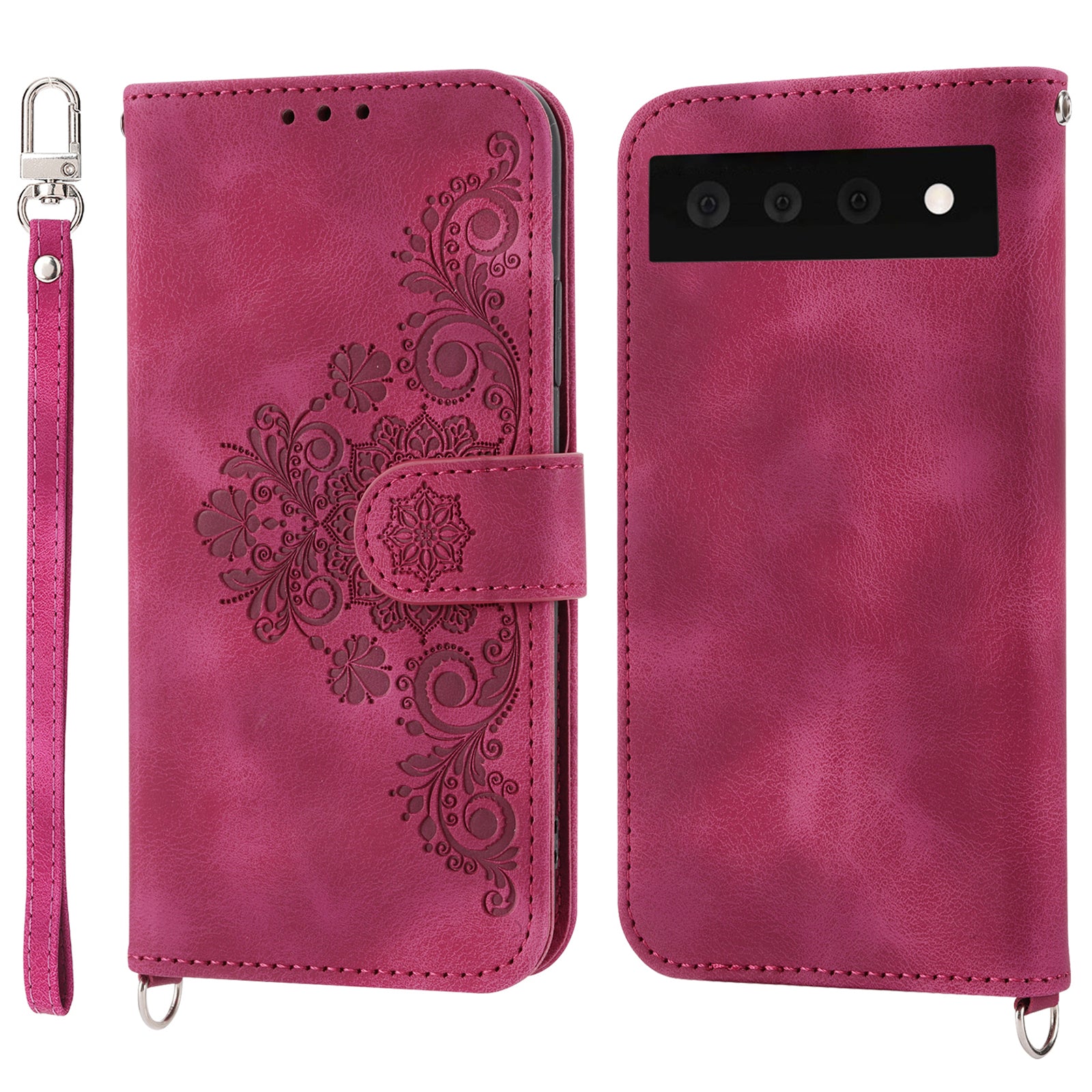Phone Wallet Case for Google Pixel 7a Skin-touch Imprinted Flowers Leather Stand Phone Cover with Wrist Strap and Shoulder Strap