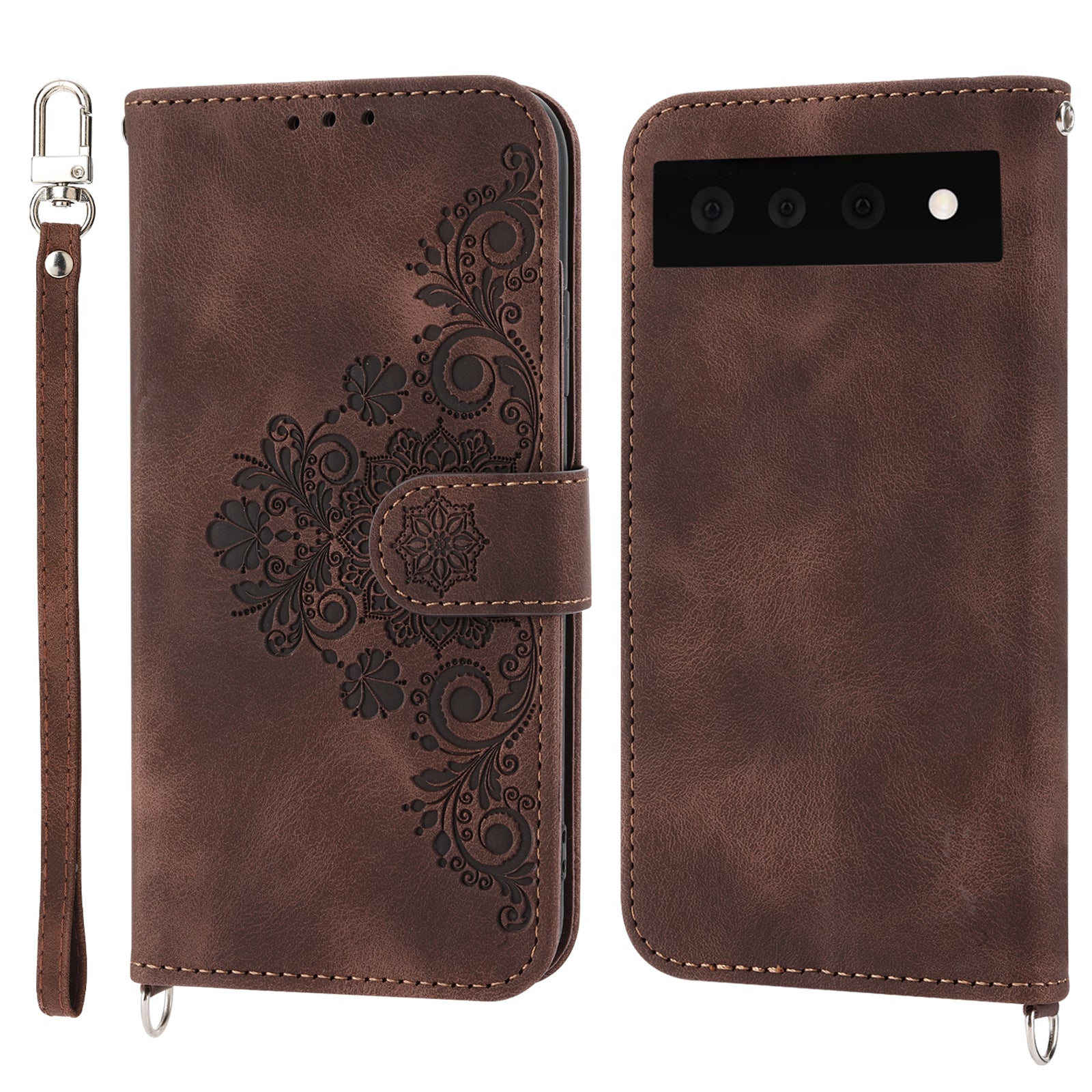 Phone Wallet Case for Google Pixel 7a Skin-touch Imprinted Flowers Leather Stand Phone Cover with Wrist Strap and Shoulder Strap