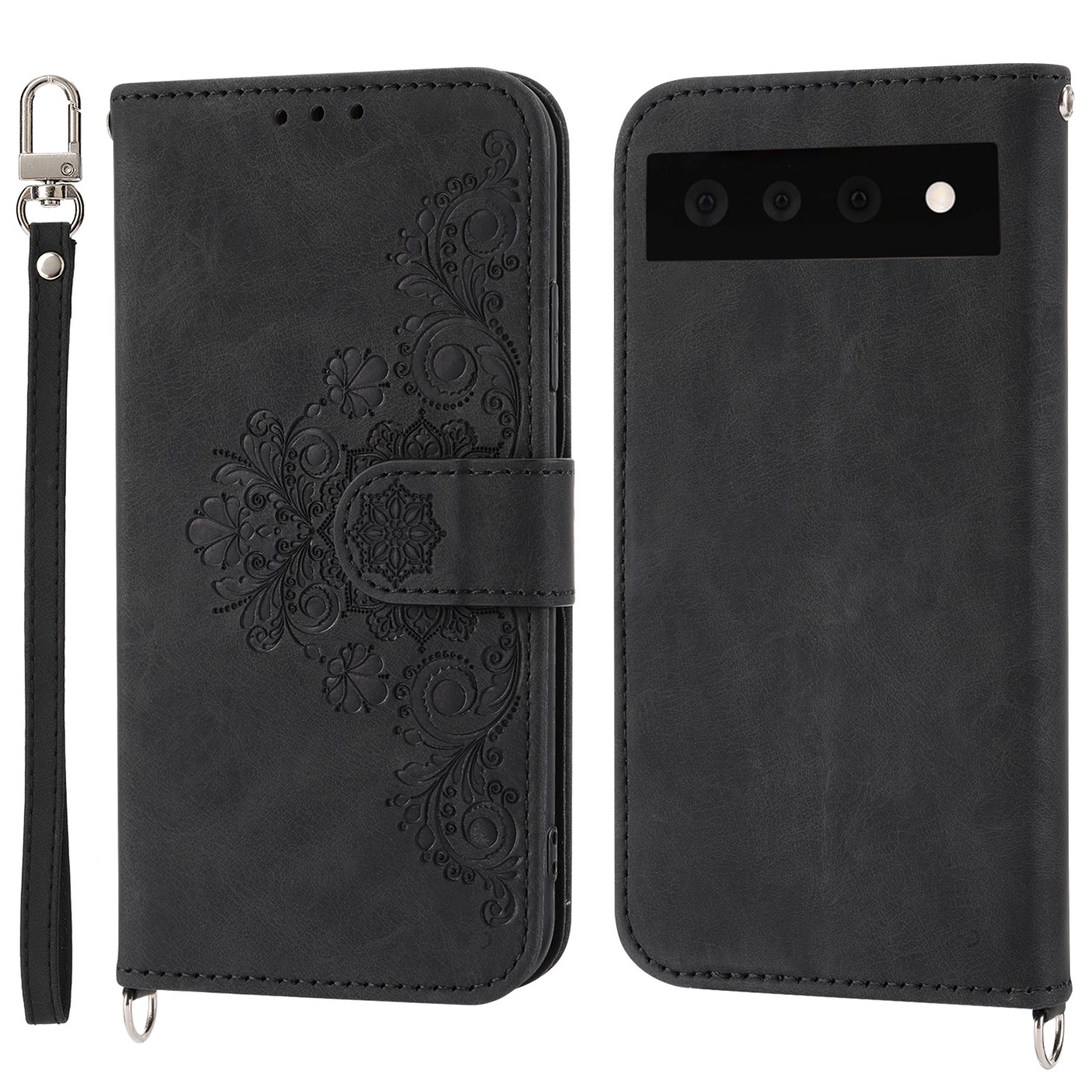 Phone Wallet Case for Google Pixel 7a Skin-touch Imprinted Flowers Leather Stand Phone Cover with Wrist Strap and Shoulder Strap