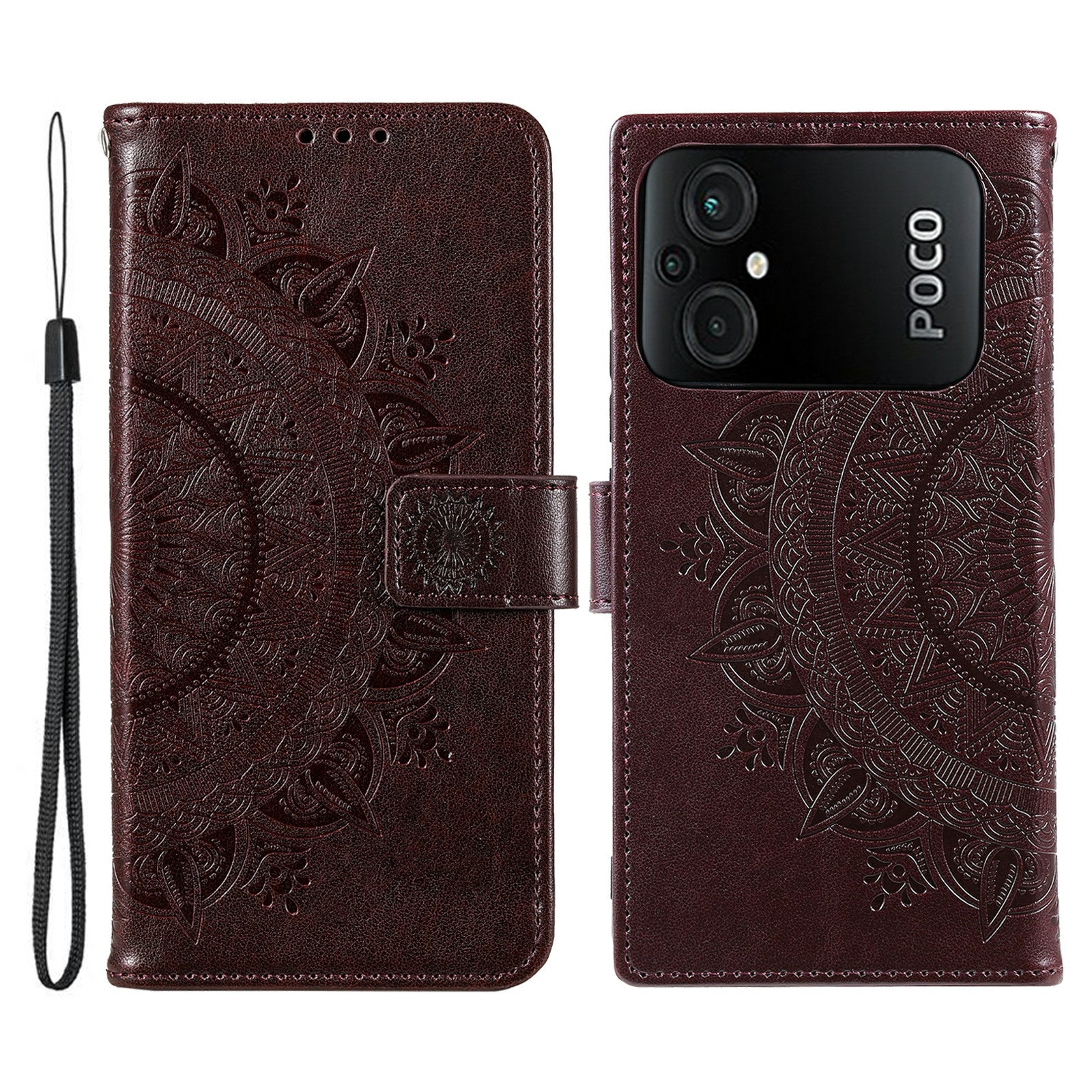TPU PU Leather Phone Case for Xiaomi Poco M5 4G Wallet Stand Imprinted Mandala Flower Pattern Phone Cover with Strap