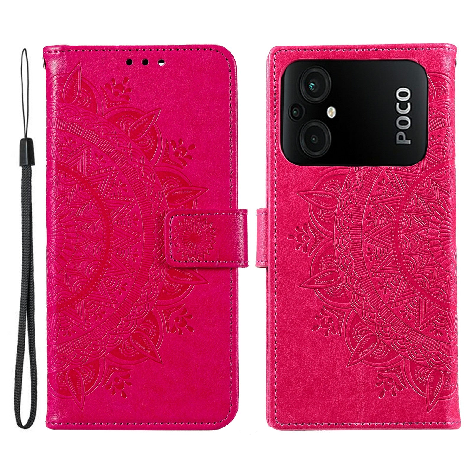 TPU PU Leather Phone Case for Xiaomi Poco M5 4G Wallet Stand Imprinted Mandala Flower Pattern Phone Cover with Strap