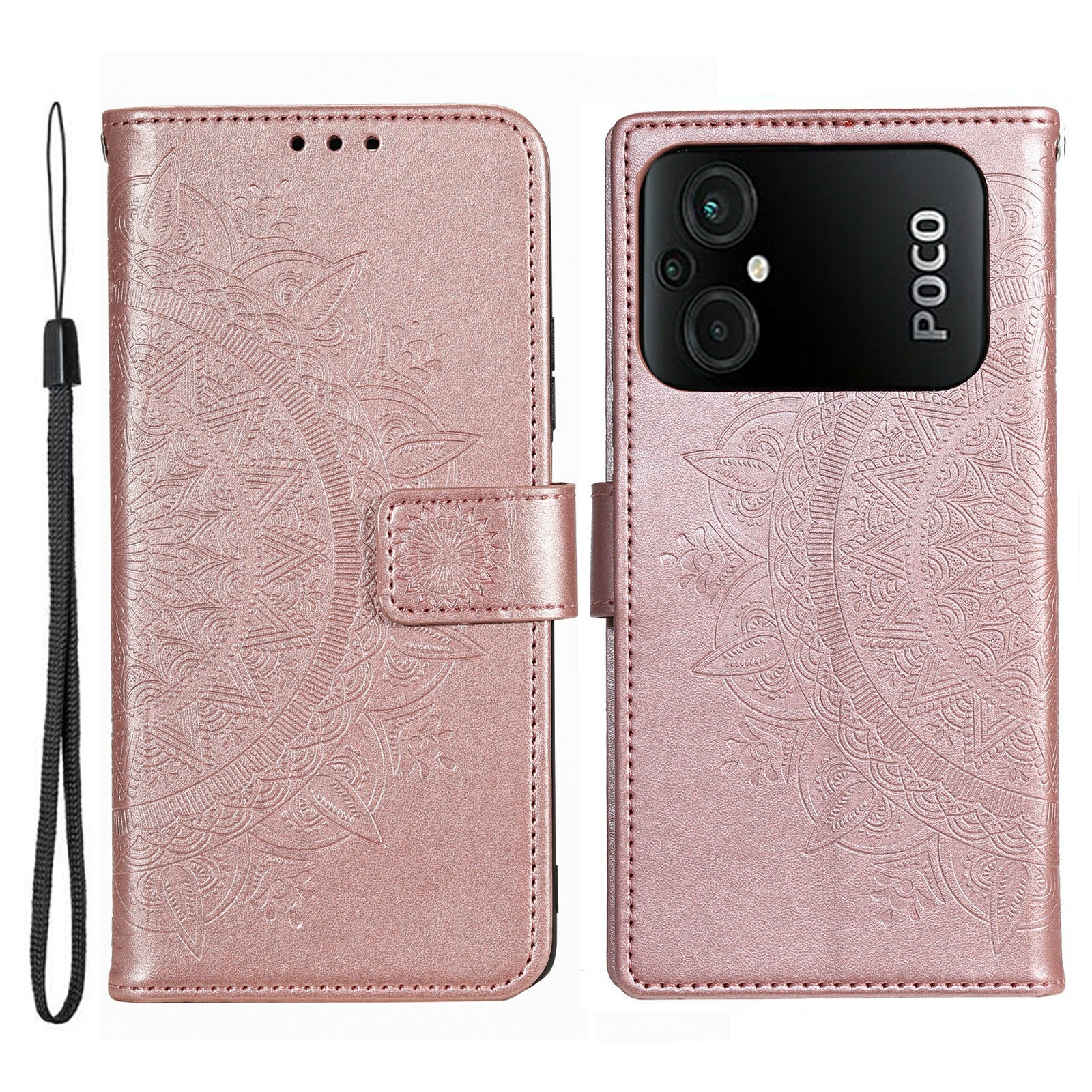 TPU PU Leather Phone Case for Xiaomi Poco M5 4G Wallet Stand Imprinted Mandala Flower Pattern Phone Cover with Strap