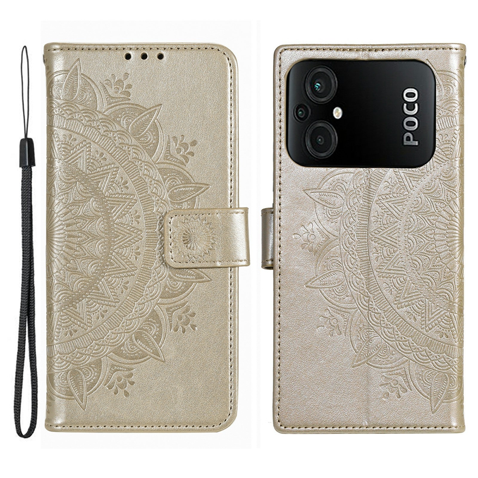 TPU PU Leather Phone Case for Xiaomi Poco M5 4G Wallet Stand Imprinted Mandala Flower Pattern Phone Cover with Strap