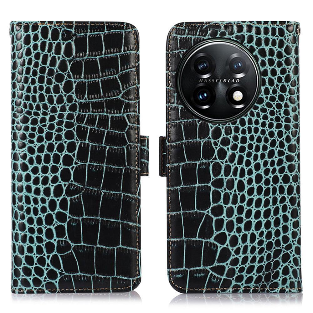 Phone Wallet Case for OnePlus 11 5G RFID Blocking Crocodile Texture Genuine Cowhide Leather Stand Phone Cover