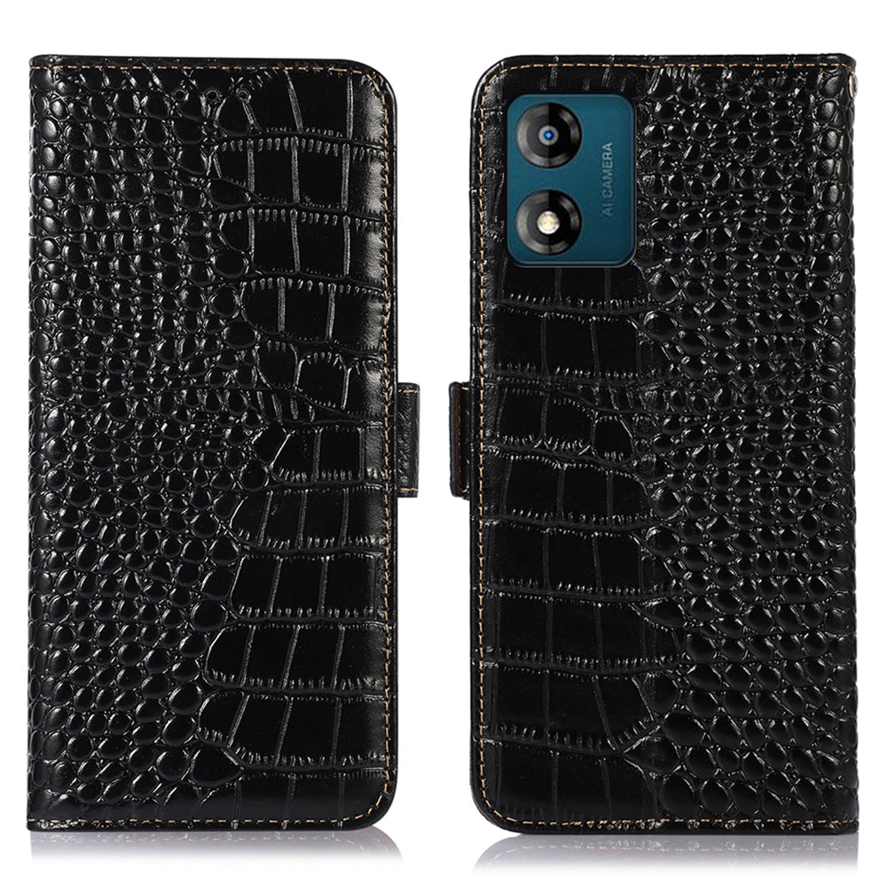 RFID Blocking Phone Stand Case for Motorola Moto E13 4G Crocodile Texture Genuine Cowhide Leather Wallet Phone Cover