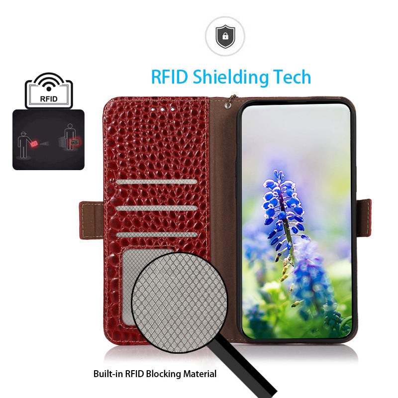 RFID Blocking Phone Stand Case for Motorola Moto E13 4G Crocodile Texture Genuine Cowhide Leather Wallet Phone Cover