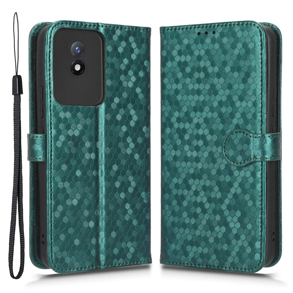 For vivo Y02 4G Dot Pattern Imprinted Phone Cover PU Leather Shockproof Wallet Stand Case with Wrist Strap
