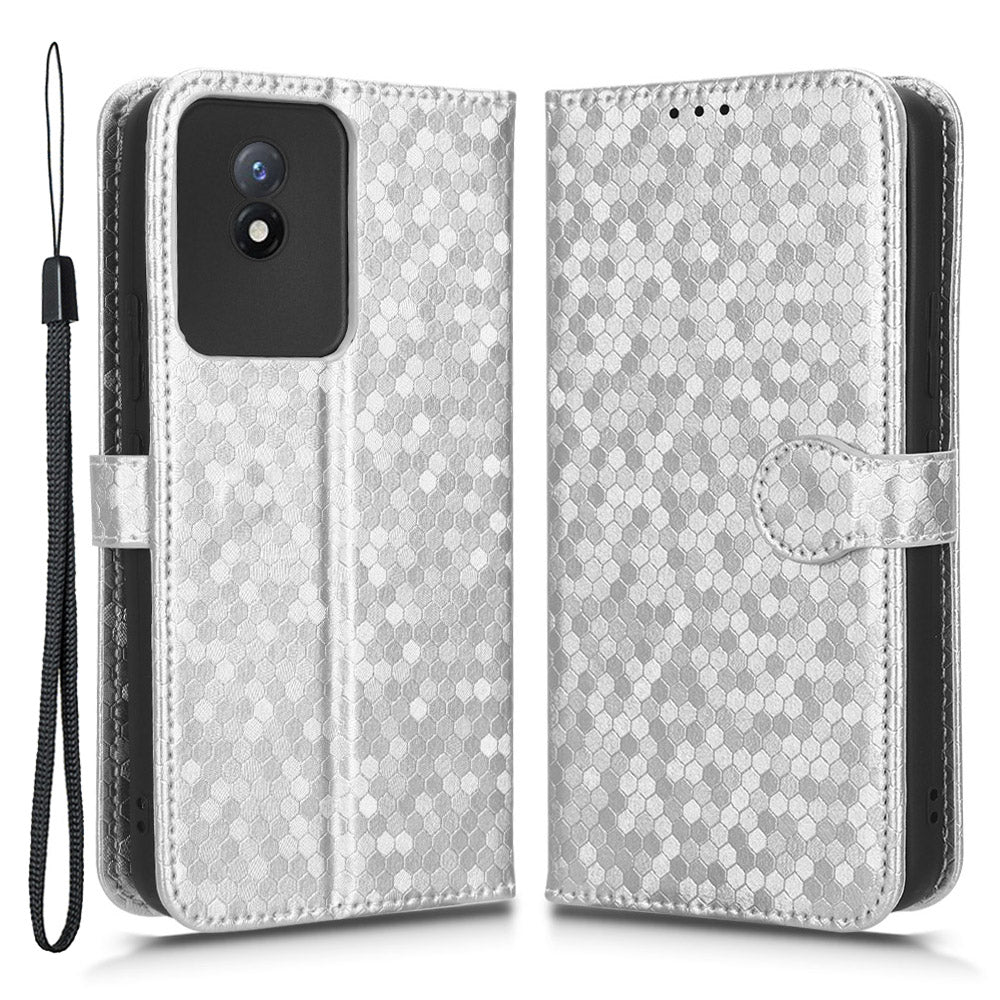 For vivo Y02 4G Dot Pattern Imprinted Phone Cover PU Leather Shockproof Wallet Stand Case with Wrist Strap