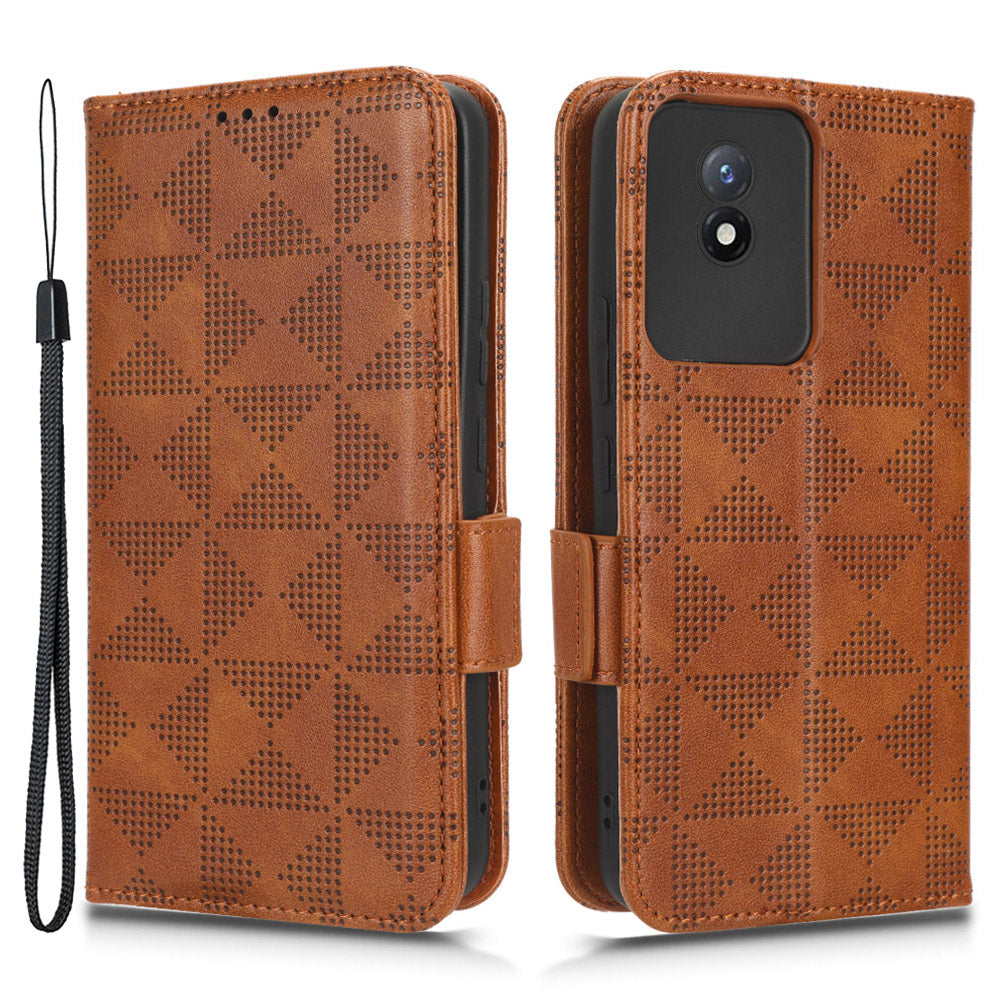 For vivo Y02 4G Protector Case PU Leather Imprinted Triangle Pattern Stand Phone Cover Wallet