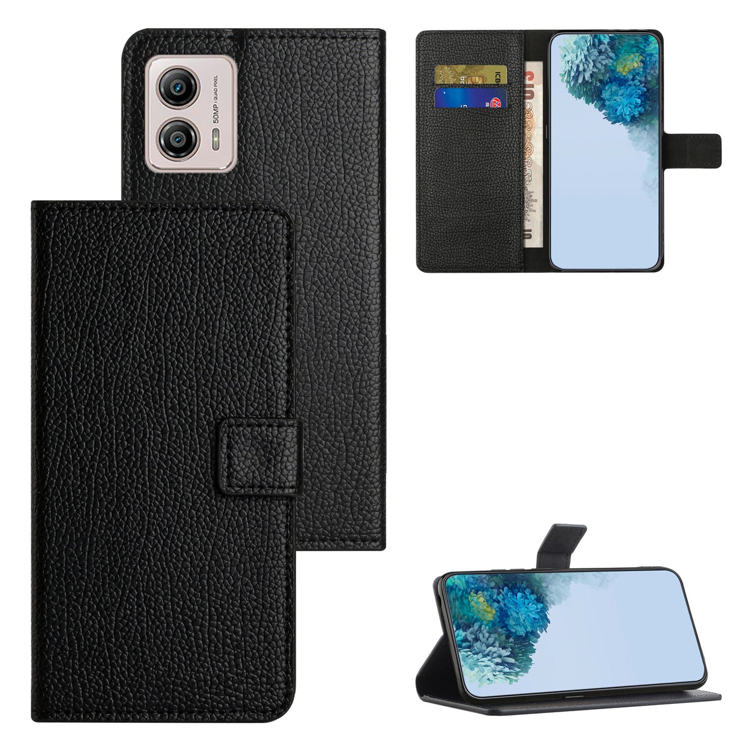 For Motorola Moto G73 5G Litchi Texture Folding Stand Phone Case Magnetic Clasp PU Leather Drop-proof Wallet Cover - Black
