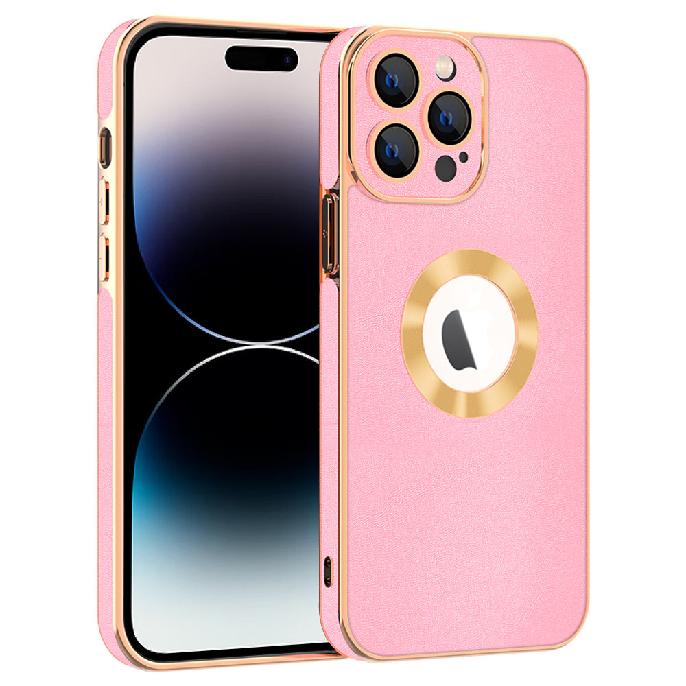 For iPhone 14 Pro PU Leather Coated PC + TPU Phone Case Electroplating Cell Phone Cover - White