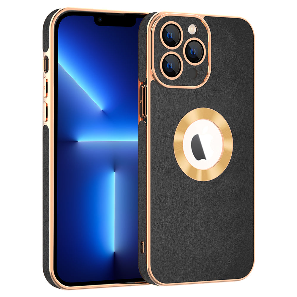For iPhone 13 Pro Max 6.7 inch Electroplating Phone Cover PU Leather TPU Frame PC Back Phone Case
