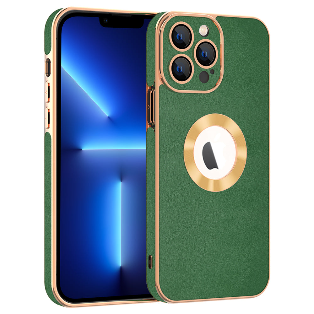 For iPhone 13 Pro Max 6.7 inch Electroplating Phone Cover PU Leather TPU Frame PC Back Phone Case - White