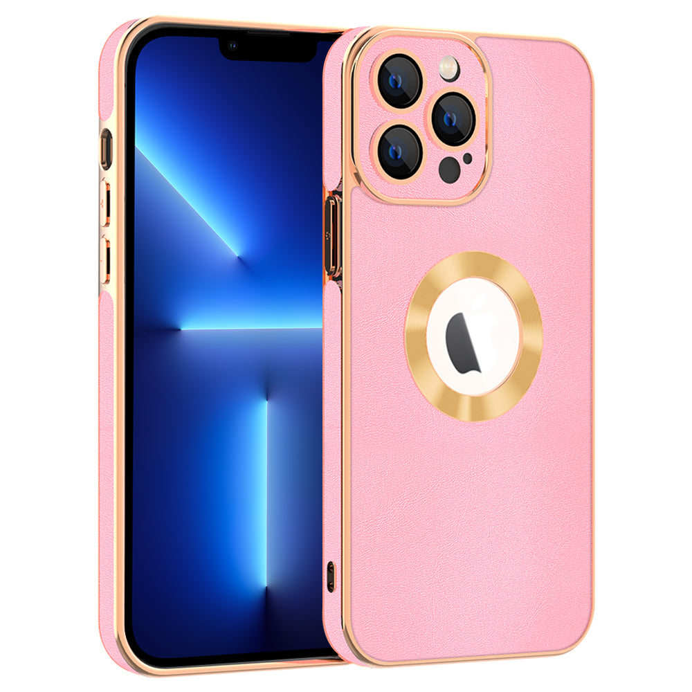For iPhone 13 Pro Max 6.7 inch Electroplating Phone Cover PU Leather TPU Frame PC Back Phone Case - White