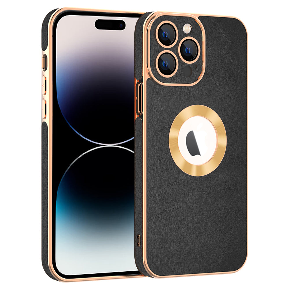Phone Case for iPhone 14 Pro Max PU Leather Coated PC TPU Electroplating Phone Cover