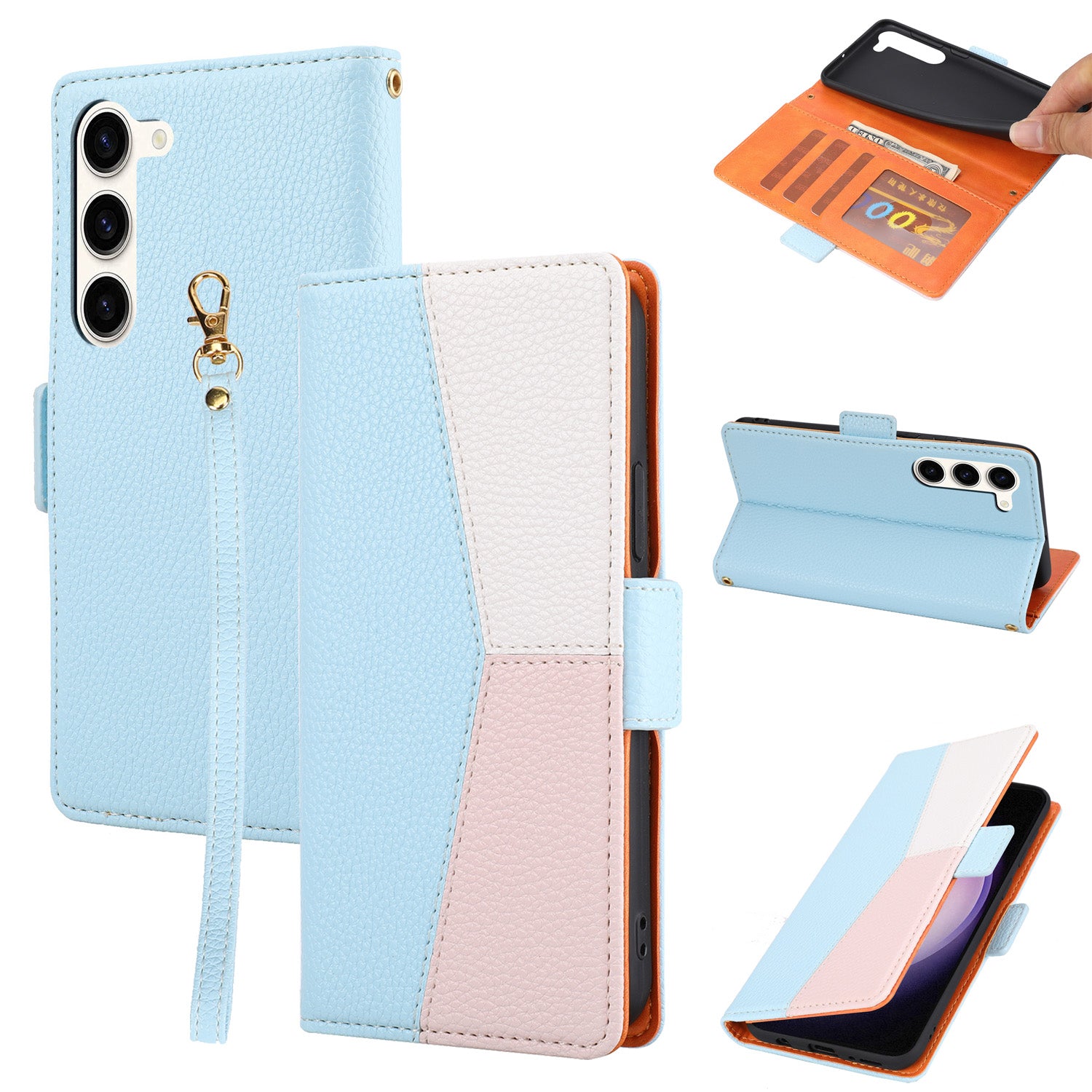 Anti-fall Leather Phone Case for Samsung Galaxy S22 5G Tri-color Splicing Litchi Texture Wallet Stand Shockproof Cover with Strap