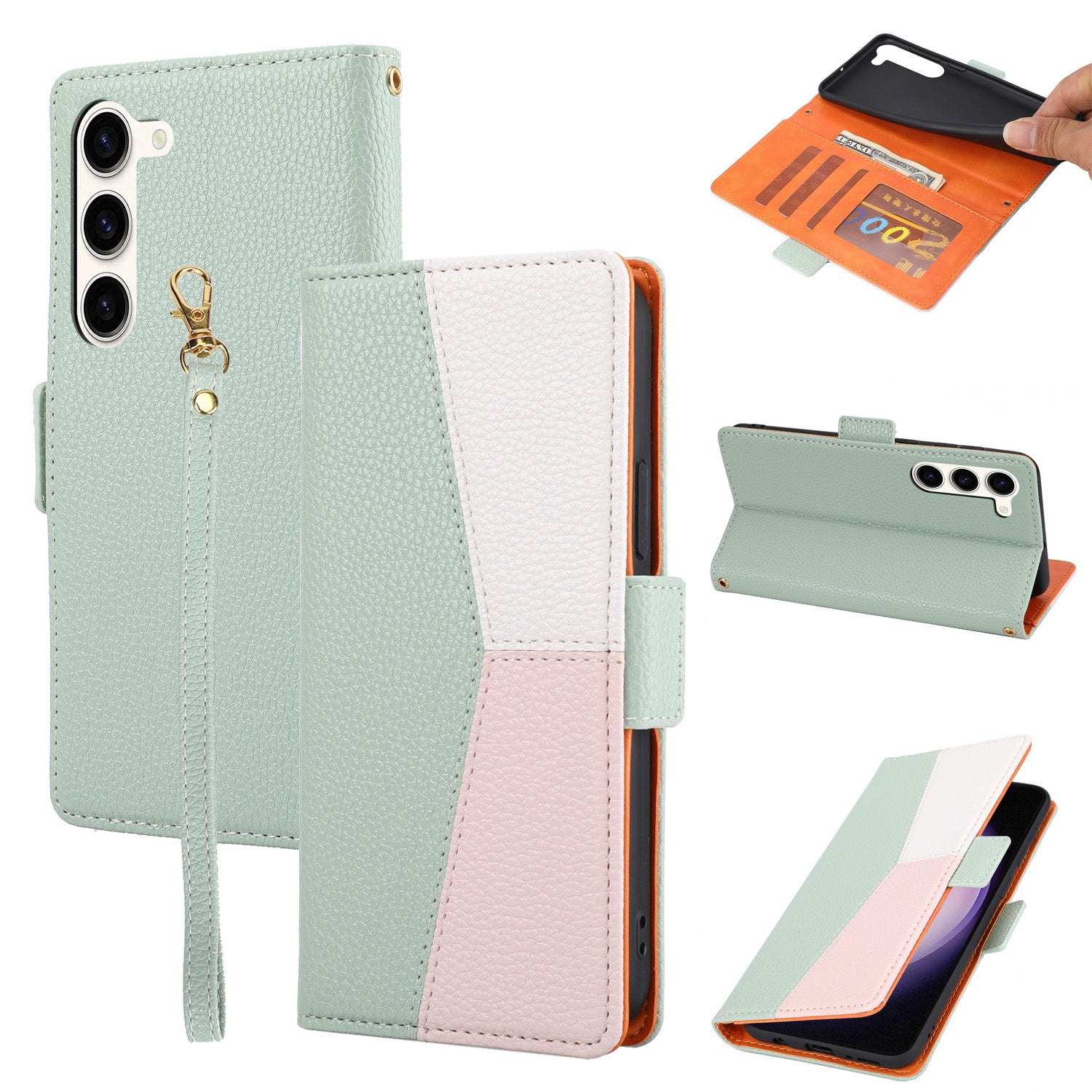 Anti-fall Leather Phone Case for Samsung Galaxy S22 5G Tri-color Splicing Litchi Texture Wallet Stand Shockproof Cover with Strap