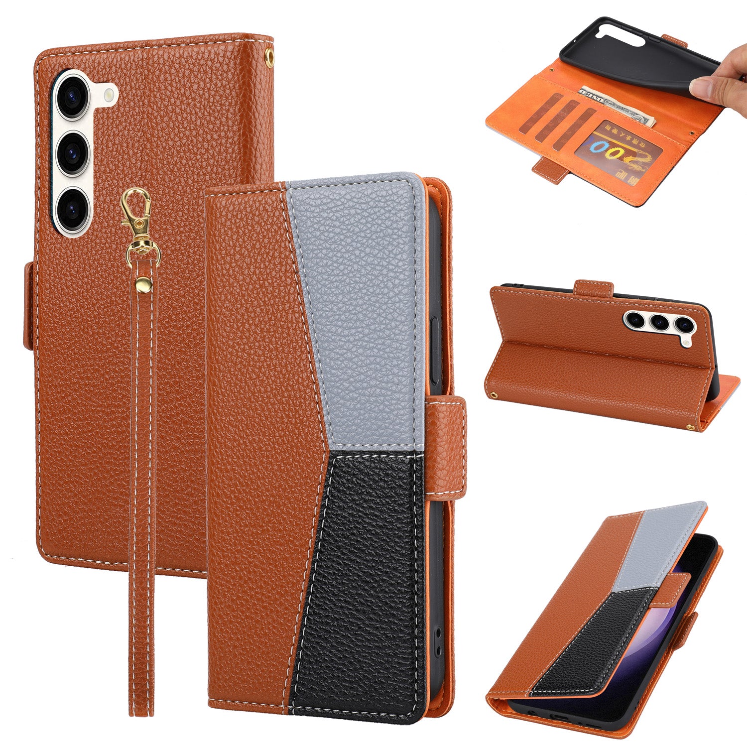 Anti-fall Leather Phone Case for Samsung Galaxy S22 5G Tri-color Splicing Litchi Texture Wallet Stand Shockproof Cover with Strap
