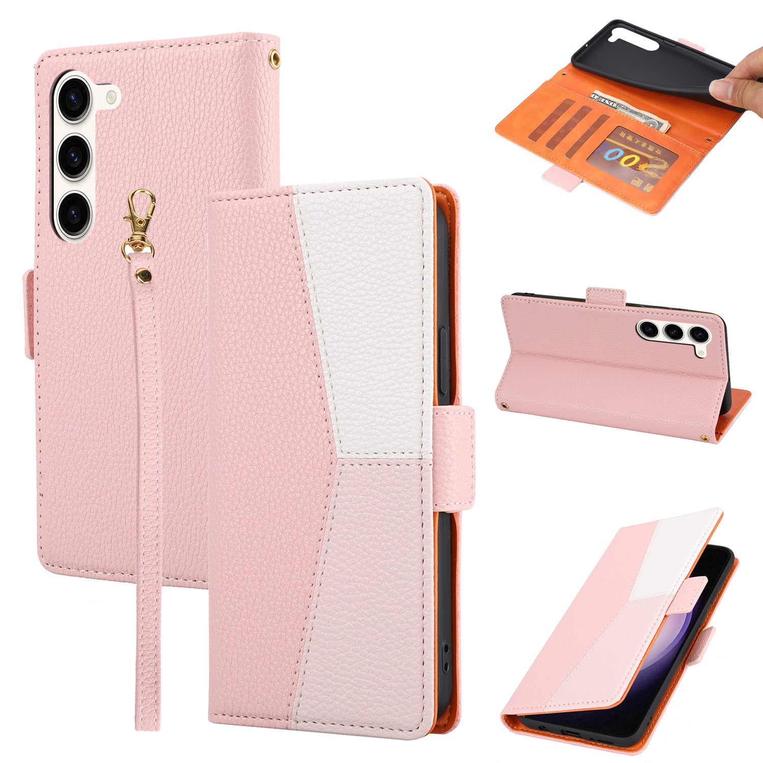 For Samsung Galaxy S22 5G Drop-proof Phone Case Leather Tri-color Splicing Litchi Texture Phone Stand Cover with Strap