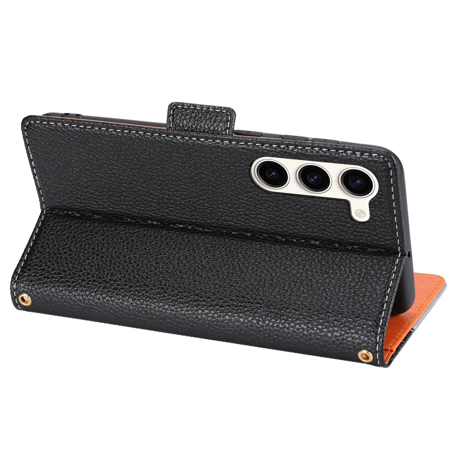 For Samsung Galaxy S22 5G Drop-proof Phone Case Leather Tri-color Splicing Litchi Texture Phone Stand Cover with Strap