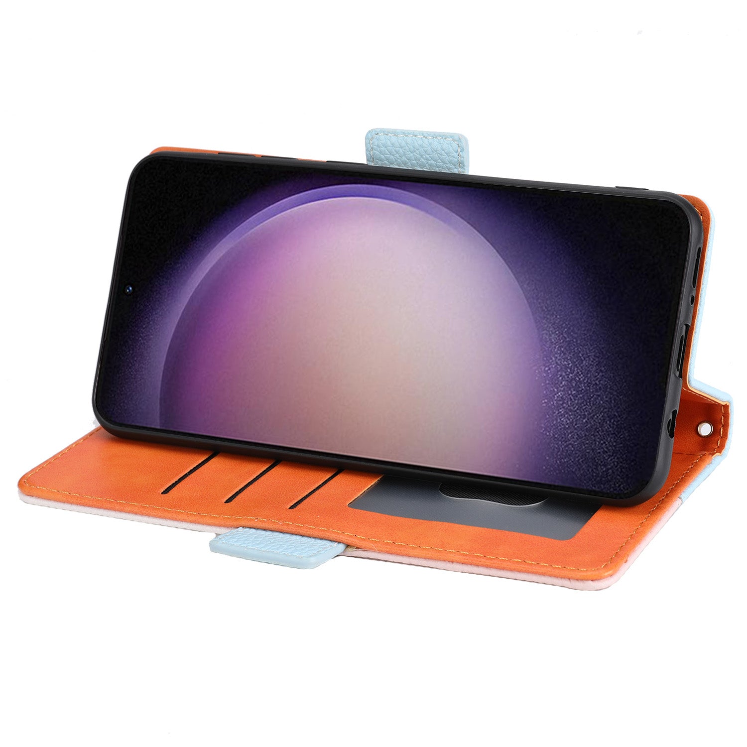 For Samsung Galaxy S22 5G Drop-proof Phone Case Leather Tri-color Splicing Litchi Texture Phone Stand Cover with Strap