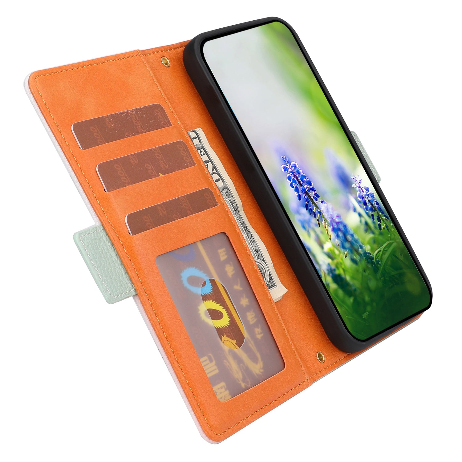 For Samsung Galaxy S22 5G Drop-proof Phone Case Leather Tri-color Splicing Litchi Texture Phone Stand Cover with Strap