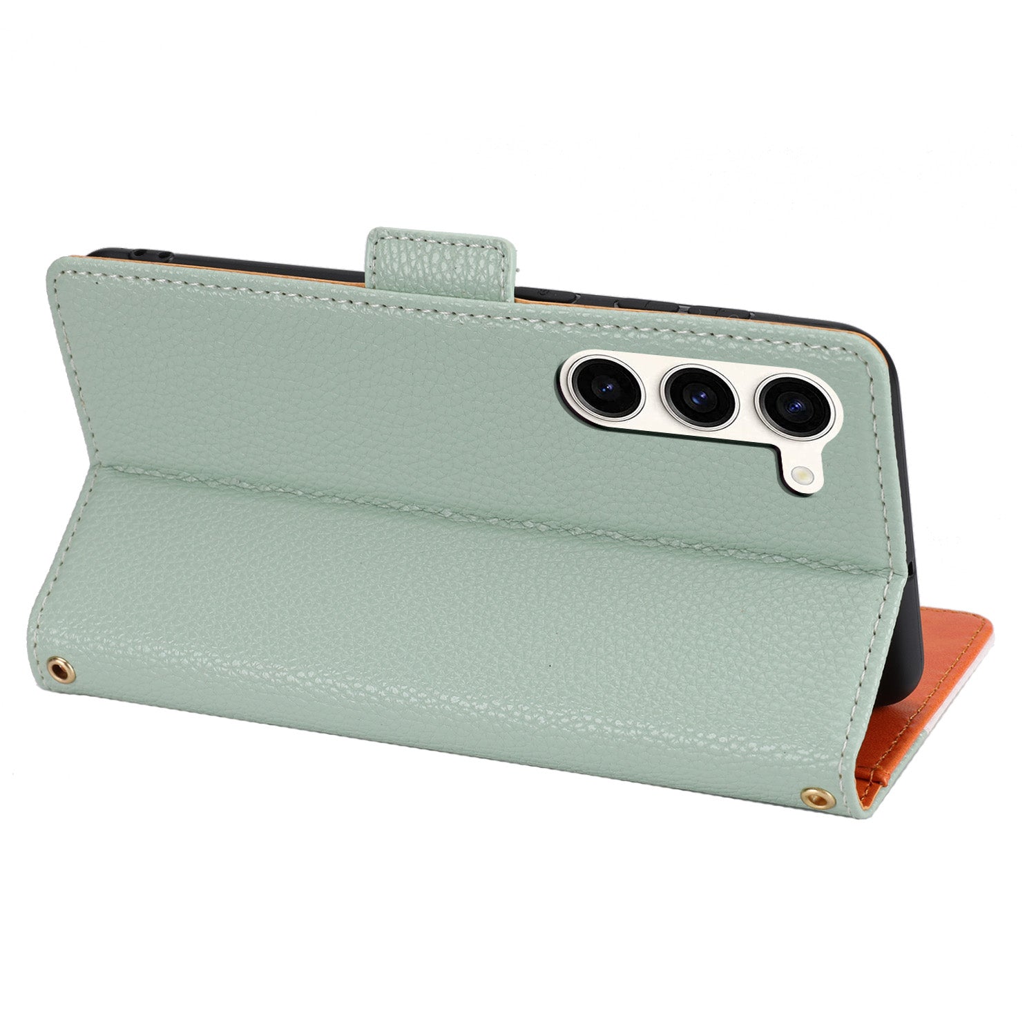 For Samsung Galaxy S22 5G Drop-proof Phone Case Leather Tri-color Splicing Litchi Texture Phone Stand Cover with Strap