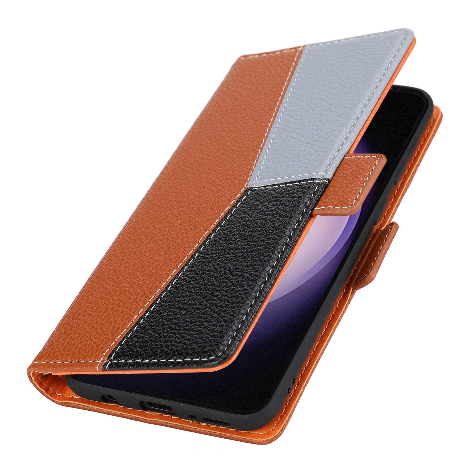 For Samsung Galaxy S22 5G Drop-proof Phone Case Leather Tri-color Splicing Litchi Texture Phone Stand Cover with Strap