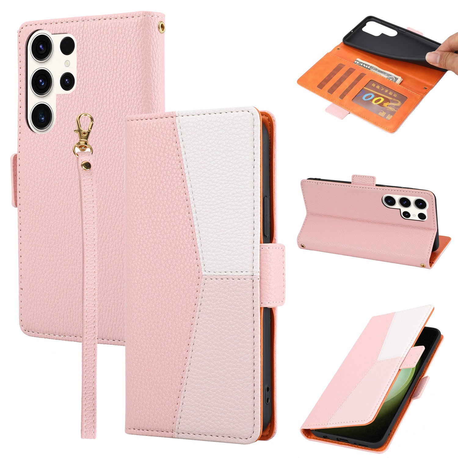 Fuld beskyttelse lædertelefontaske til Samsung Galaxy S22 Ultra 5G Tre-farvet splejsning Litchi Texture Telefonstativ Flip Wallet Cover