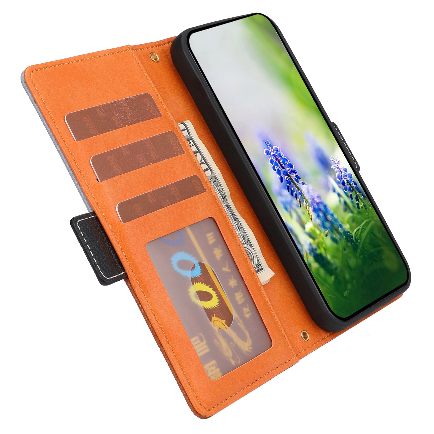 Full Protection Leather Phone Case for Samsung Galaxy S22 Ultra 5G Tri-color Splicing Litchi Texture Phone Stand Flip Wallet Cover